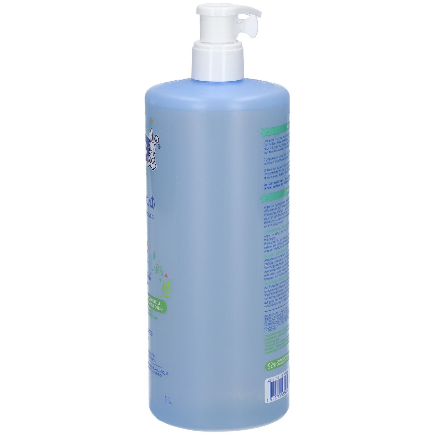 Hellblaue Flasche mit weißem Pumpverschluss. Rückseite mit Text in Grün und Blau. Französische Flagge unten.