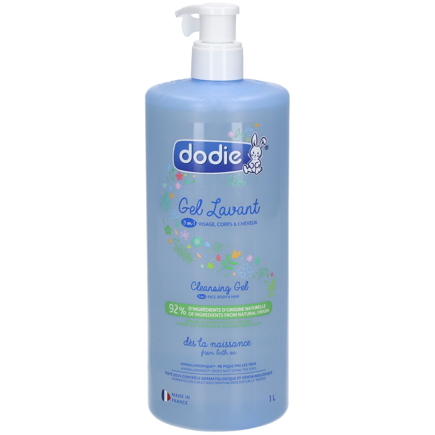 Hellblaue Flasche mit weißem Pumpverschluss. Aufschrift: dodie®, Gel Lavant, 3-in-1, 92% Inhaltsstoffe natürlichen Ursprungs.