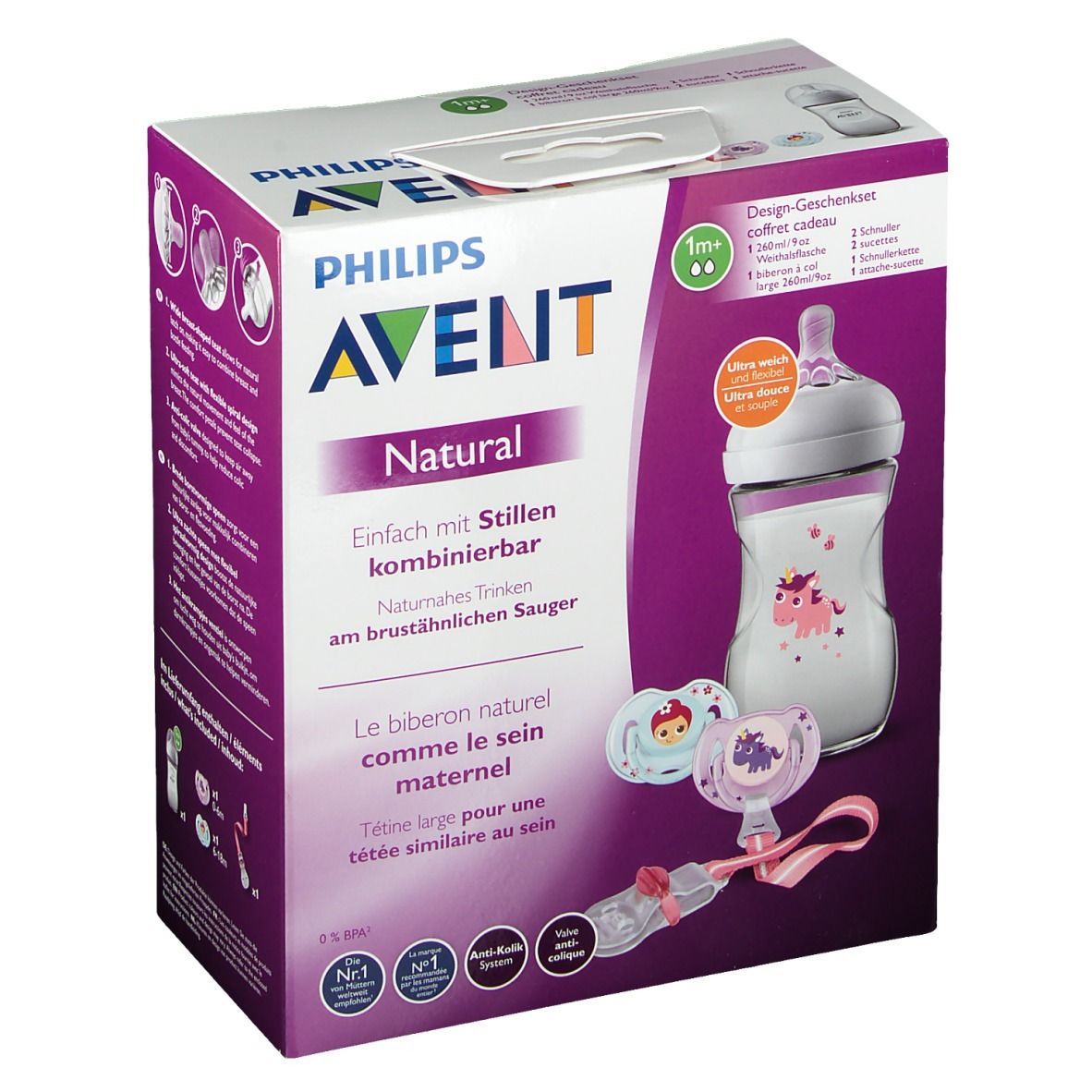 Avent Natural Kit. Box mit Flasche, Schnullern und Zubehör. Philips Avent Logo. Produktname und Eigenschaften aufgedruckt.