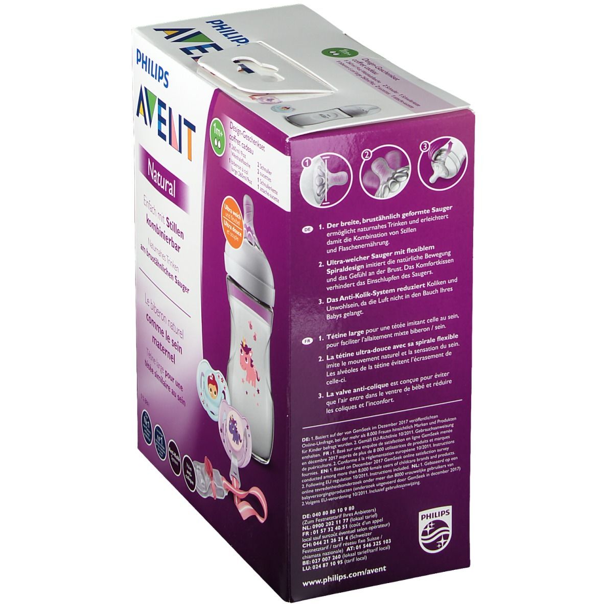 Avent Natural Kit. Box mit Flasche, Schnullern und Zubehör. Philips Avent Logo. Produktname und Eigenschaften aufgedruckt.
