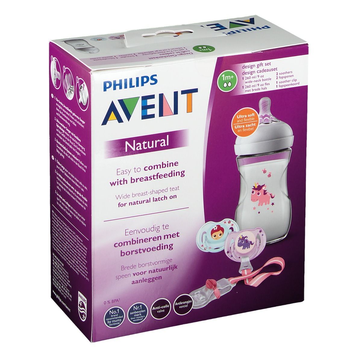 Avent Natural Kit. Box mit Flasche, Schnullern und Zubehör. Philips Avent Logo. Produktname und Eigenschaften aufgedruckt.