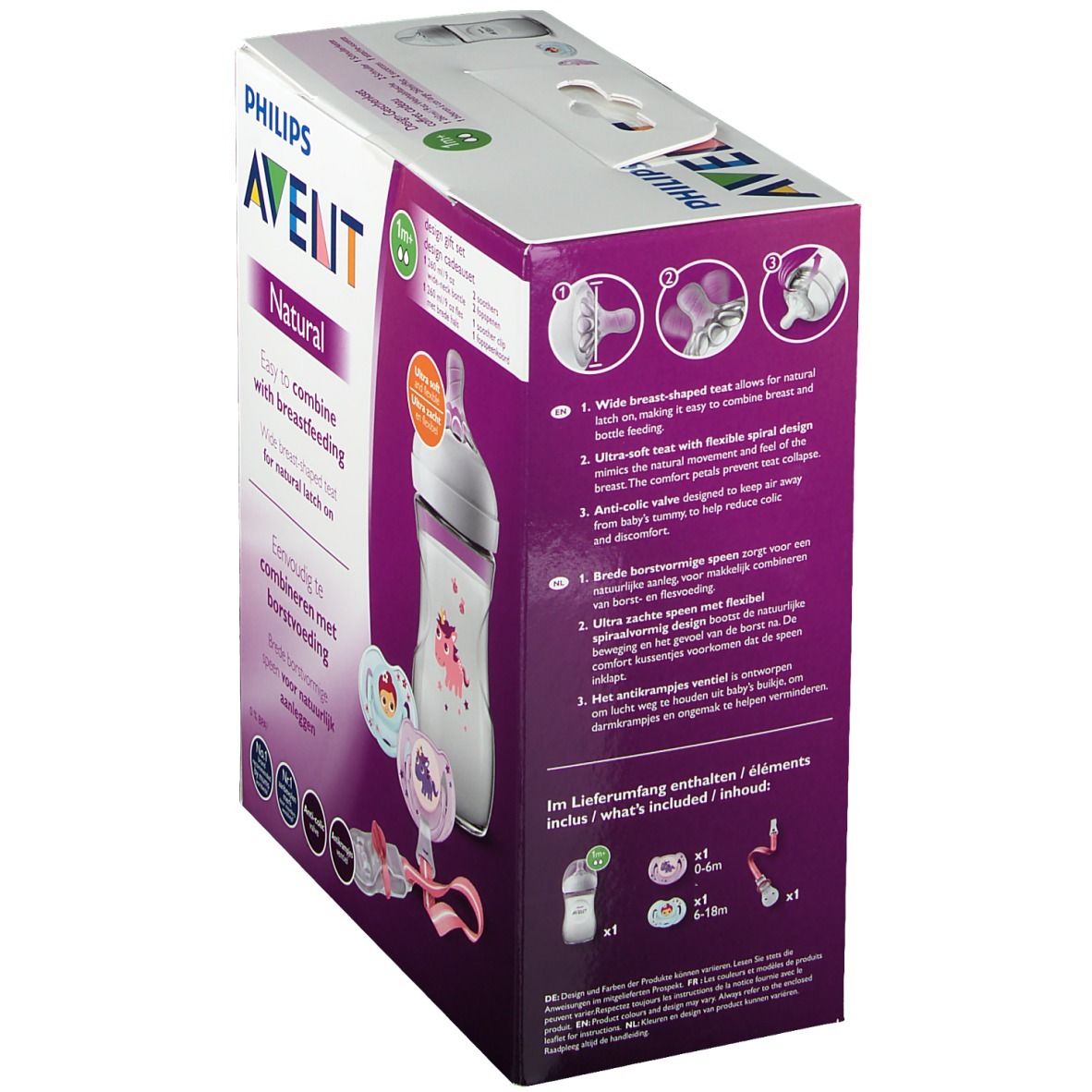 Avent Natural Kit. Box mit Flasche, Schnullern und Zubehör. Philips Avent Logo. Produktname und Eigenschaften aufgedruckt.