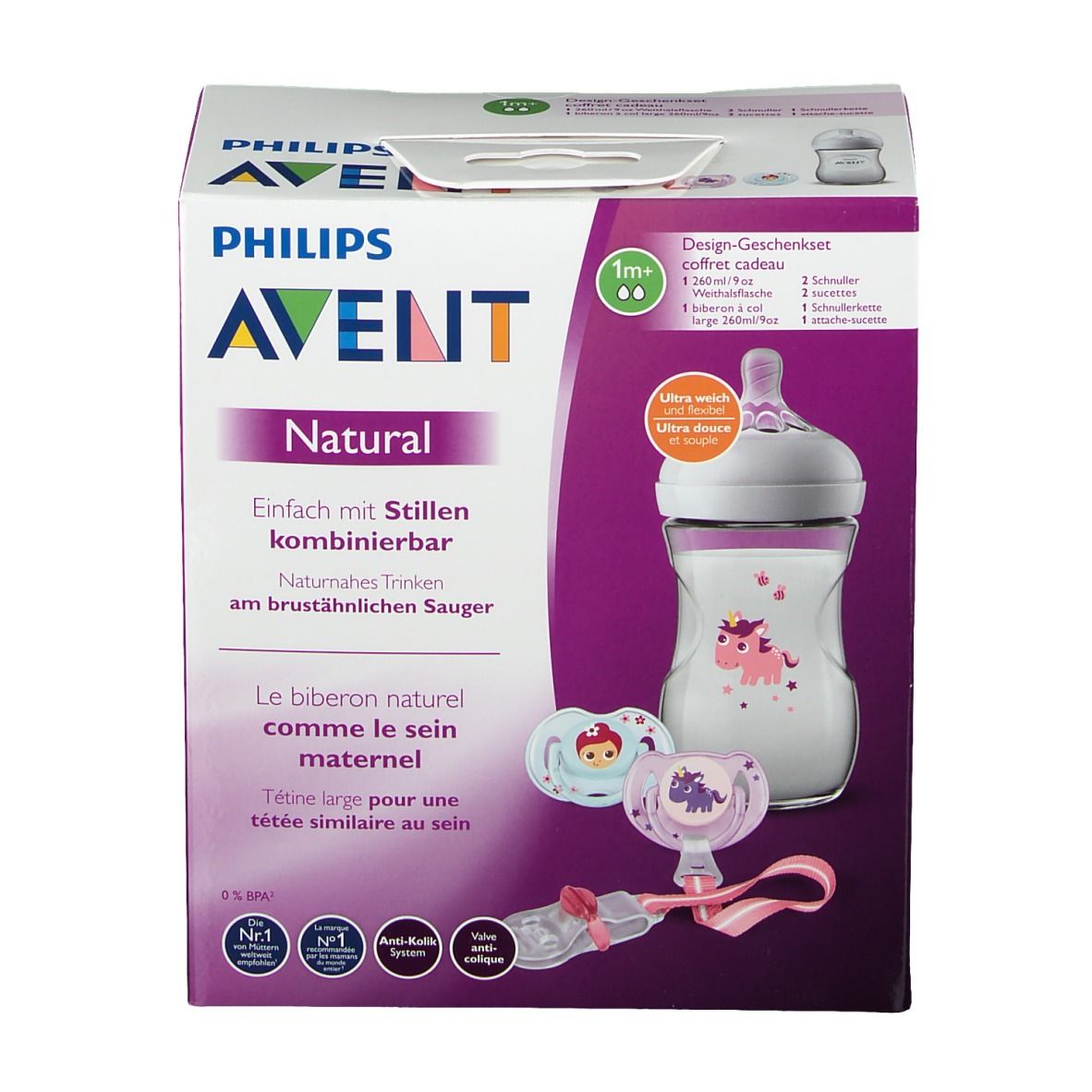 Avent Natural Kit. Box mit Flasche, Schnullern und Zubehör. Philips Avent Logo. Produktname und Eigenschaften aufgedruckt.