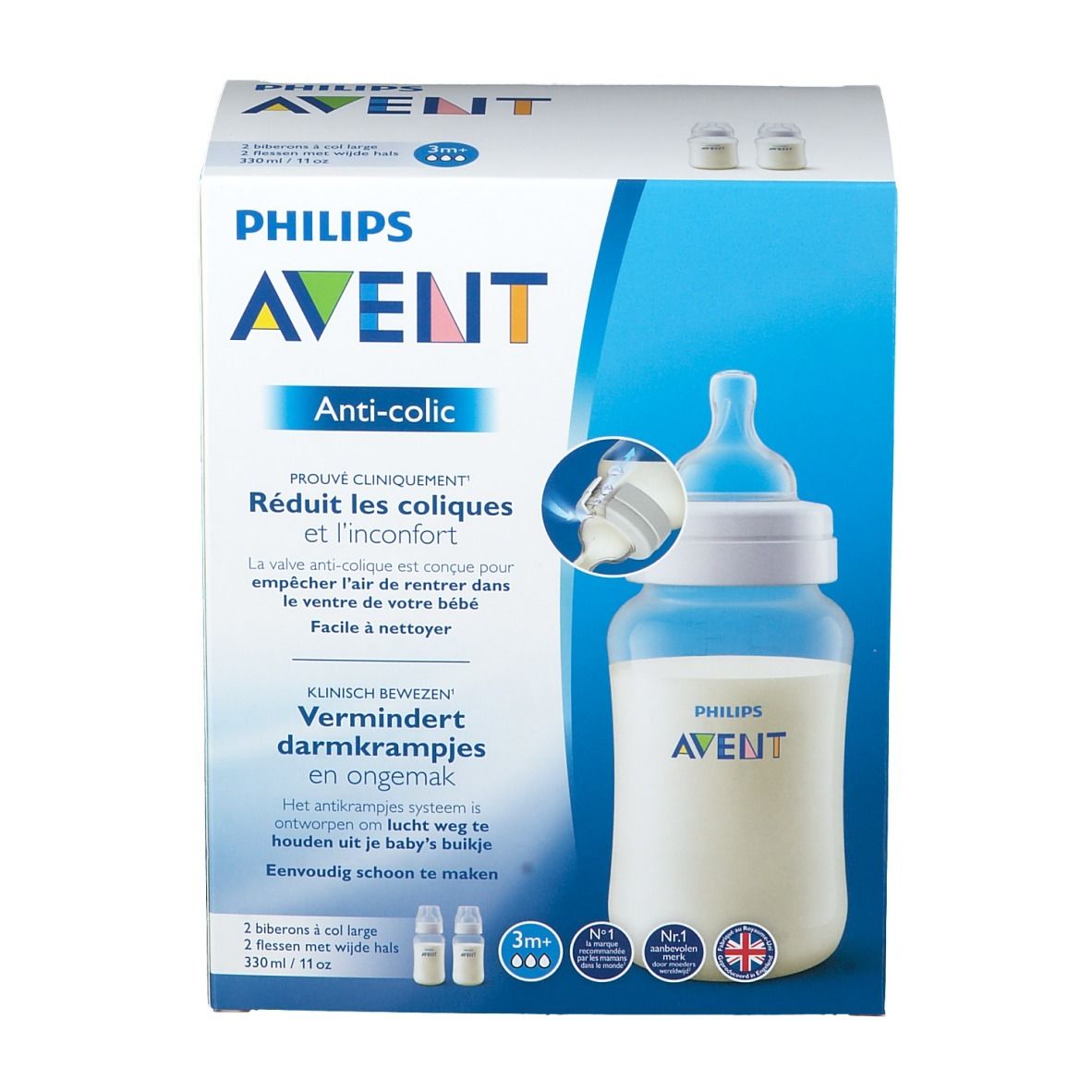 Boîte Philips Avent Anti-colique. Image du produit et texte sur fond bleu. Contient deux biberons.