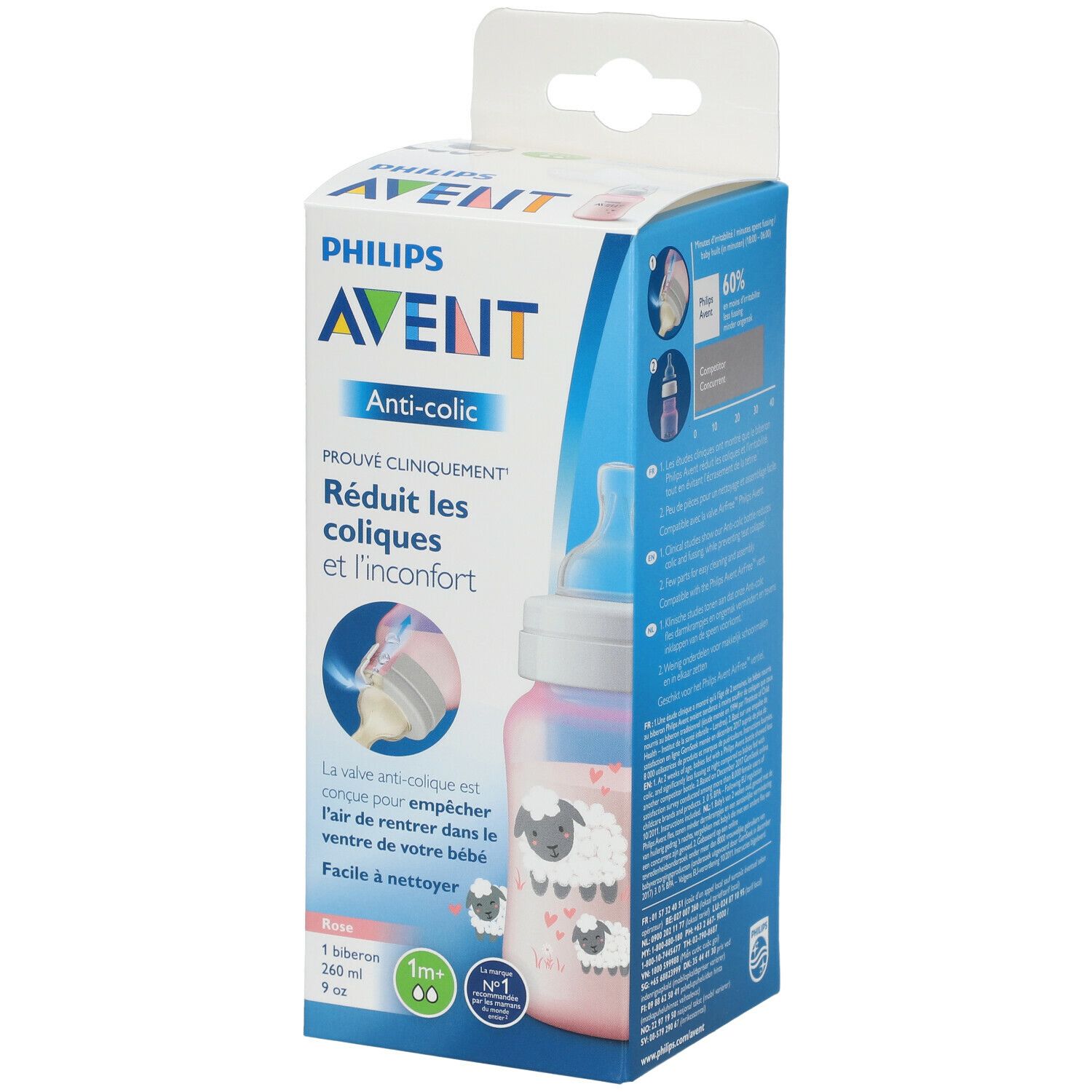 Rosa Babyflasche in Verpackung. Philips Avent Anti-Kolik. Reduziert Koliken. 260 ml, 9 oz. Mit Schaf-Design.