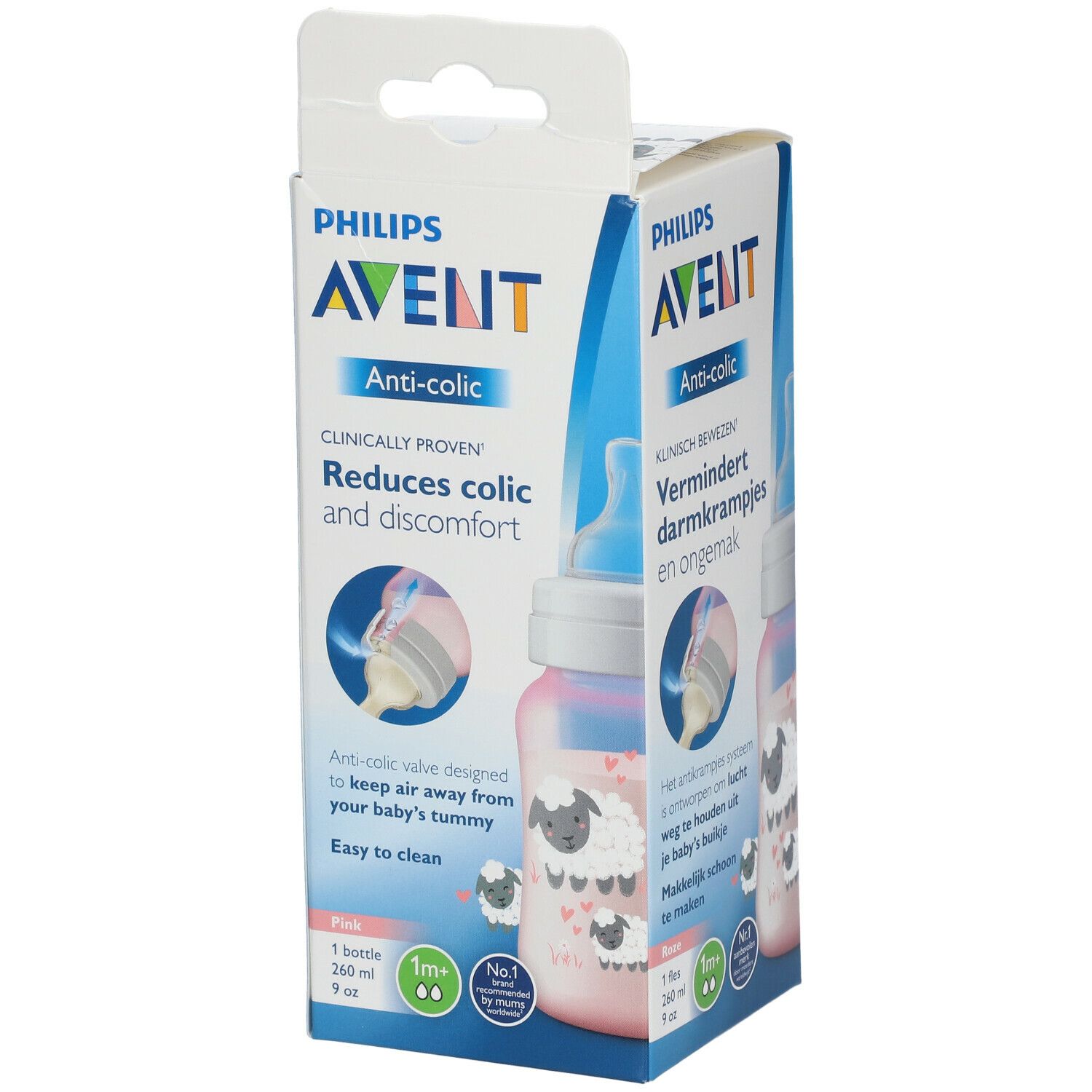 Verpackung mit Babyflasche. Philips Avent Anti-Kolik. Reduziert Koliken. Rosa, 260 ml. Mit Schaf-Design.