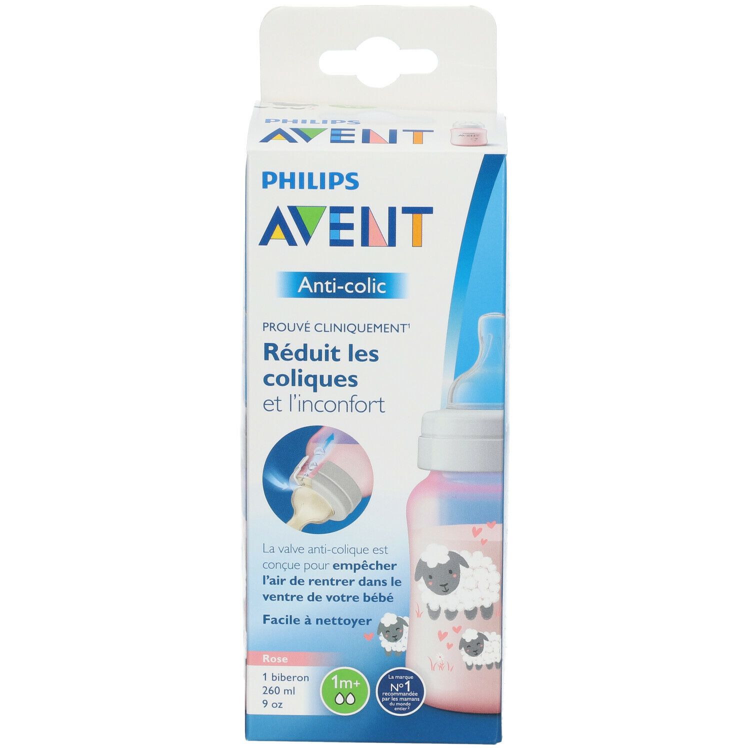 Rosa Babyflasche in Verpackung. Philips Avent Anti-Kolik. Reduziert Koliken. 260 ml, 9 oz. Mit Schaf-Design.