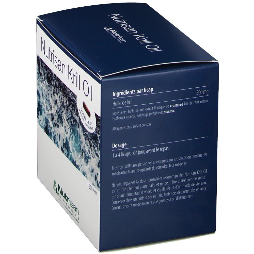 Emballage de Nutrisan Krill Oil. Arrière avec informations sur les ingrédients et le dosage en plusieurs langues.