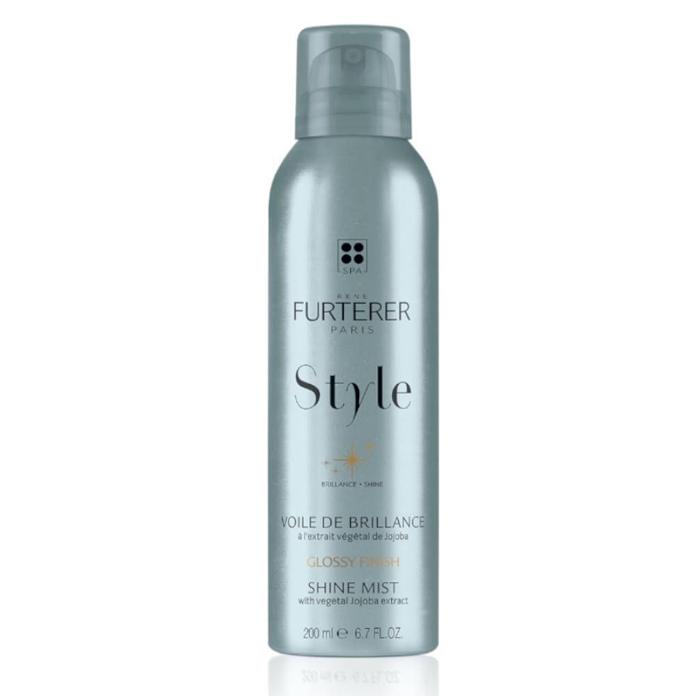 Flacon de spray capillaire argenté. Inscription : Rene Furterer Paris, Style, Voile de Brillance, Glossy Finish, Shine Mist. 200 ml.