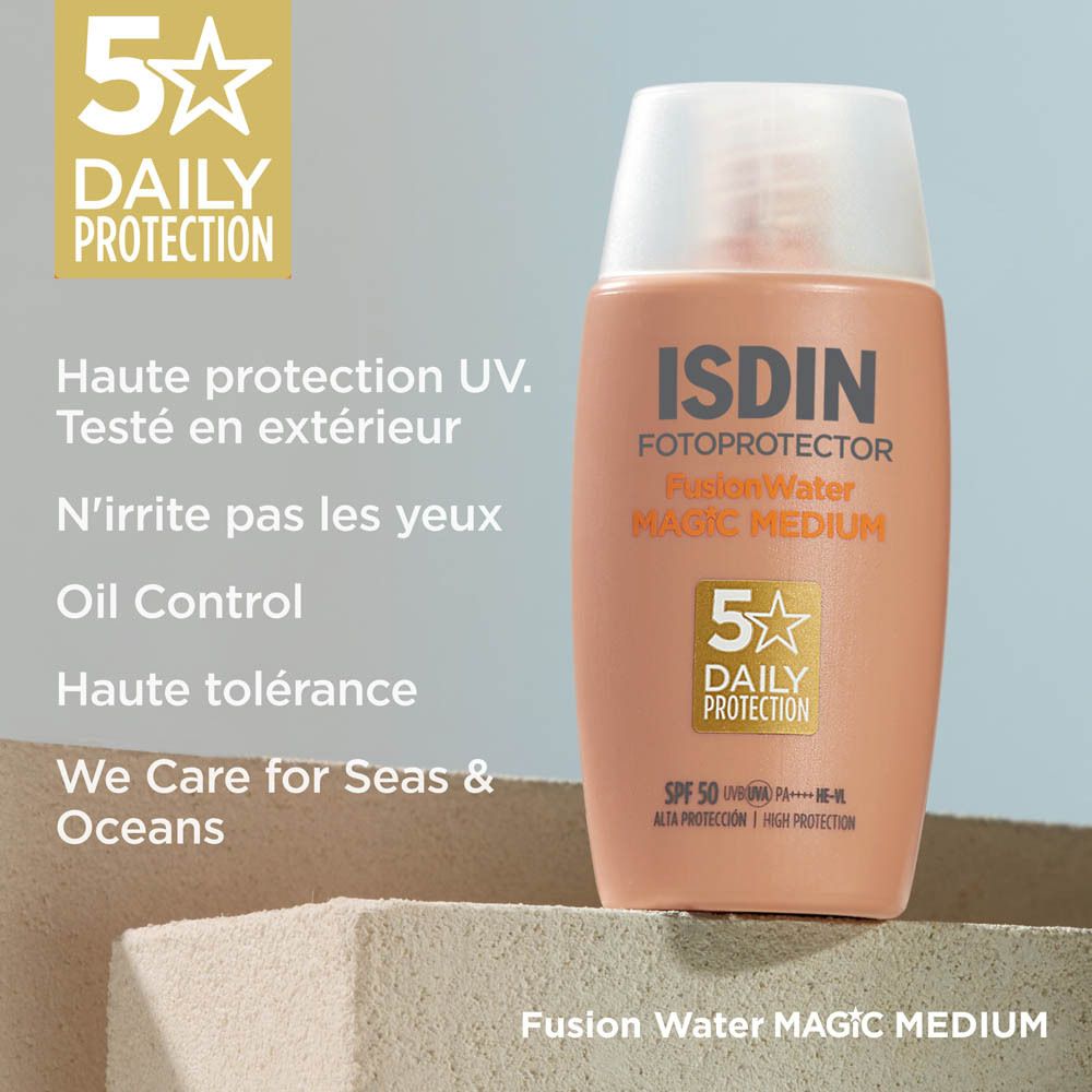 Emballage de ISDIN Fotoprotector Fusion Water Color. Texte : Protection 5 étoiles, etc.