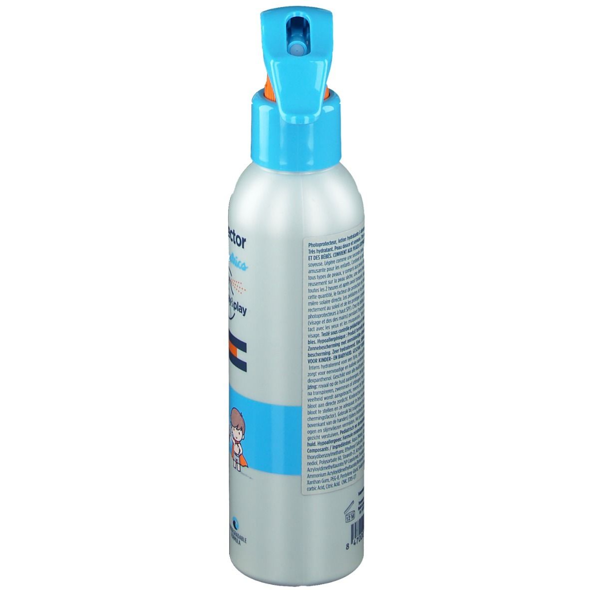 Flacon de lotion solaire. Détails bleus et orange. Texte sur le côté. Nom du produit non visible.