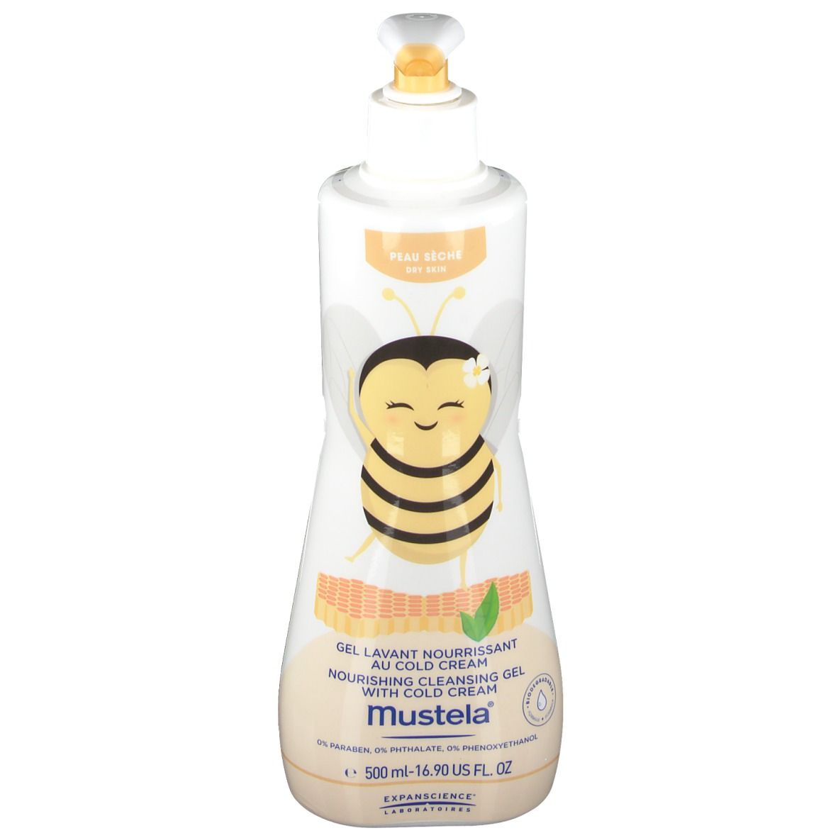 Weißer Spender mit gelbem Pumpkopf. Aufdruck: Biene, Produktname, Marke Mustela. Text: Gel Lavant Nourrissant.