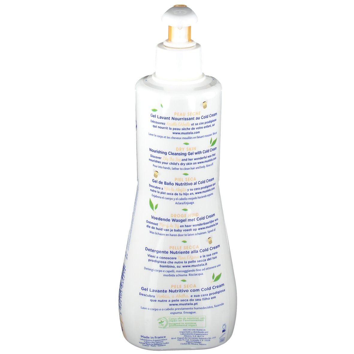 Weißer Spender, Rückseite. Text: Produktnamen in verschiedenen Sprachen, Marke Mustela, Logos.