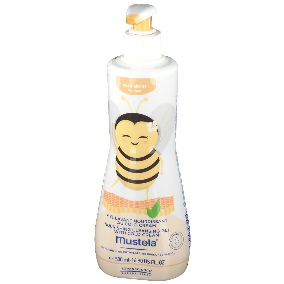 Weißer Spender mit gelbem Pumpkopf. Aufdruck: Biene, Produktname, Marke Mustela. Text: Gel Lavant Nourrissant.