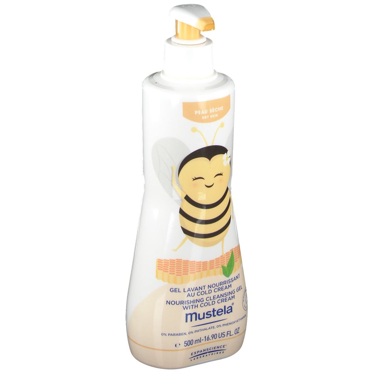 Weißer Spender mit gelbem Pumpkopf. Aufdruck: Biene, Produktname, Marke Mustela. Text: Gel Lavant Nourrissant.