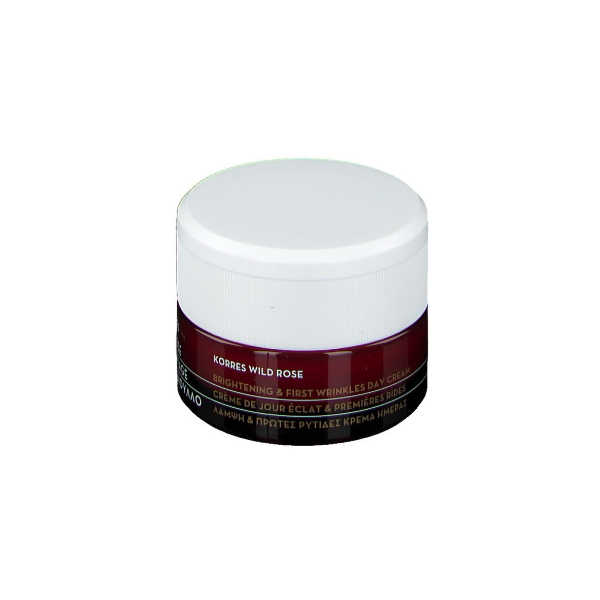 Korres Wild Rose Tagespflege, Tiegel mit weißem Deckel und dunkelrotem Band. Text: Brightening & First Wrinkles Day Cream.