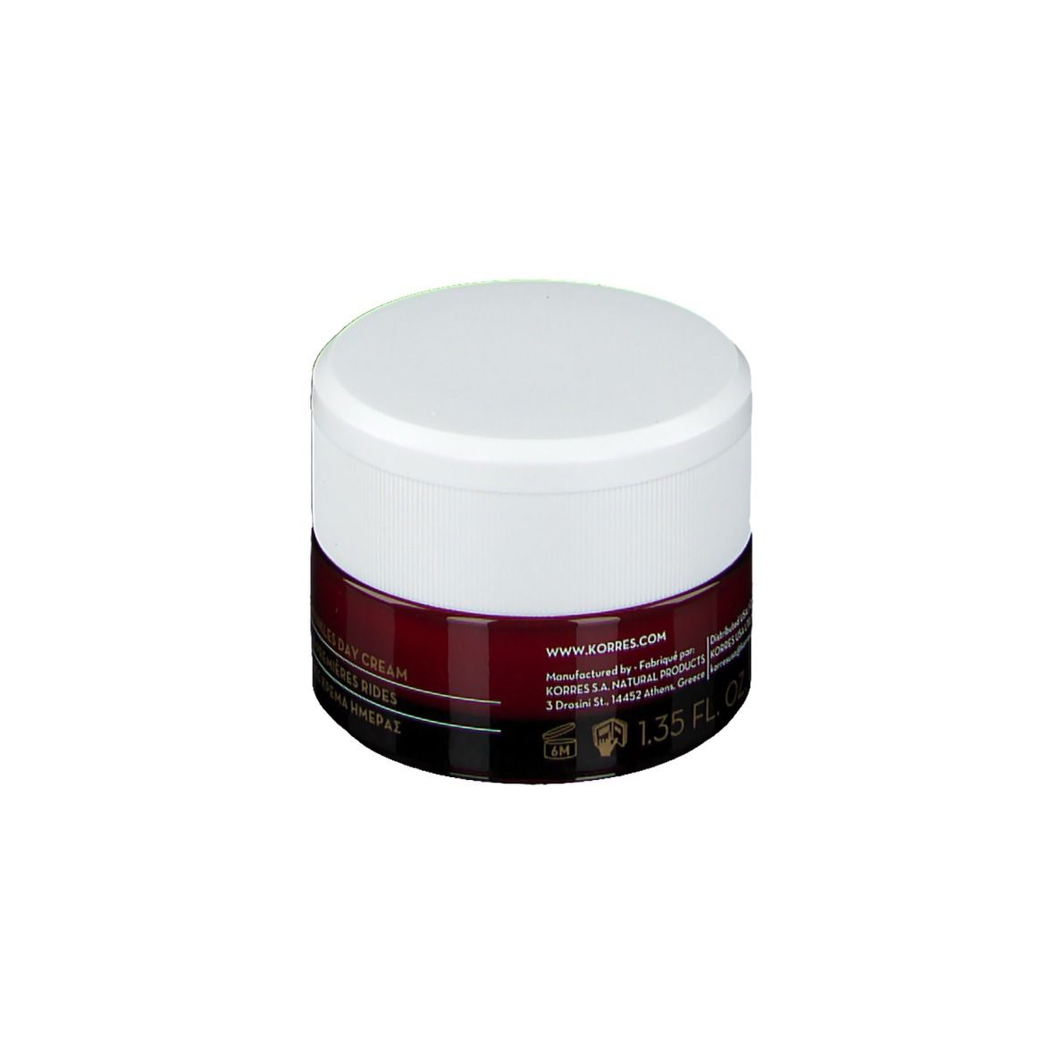 Korres Wild Rose Creme-Tiegel, weißer Deckel, dunkelrotes Band. Text: www.korres.com, 1.35 FL OZ.