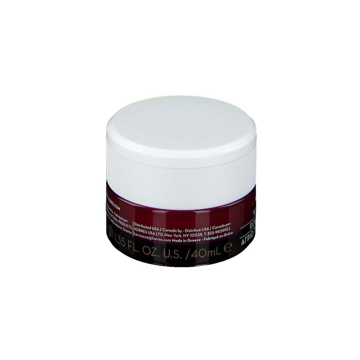 Korres Wild Rose Creme-Tiegel, weißer Deckel, dunkelrotes Band. Text: 1.35 FL. OZ. U.S. / 40ml e.