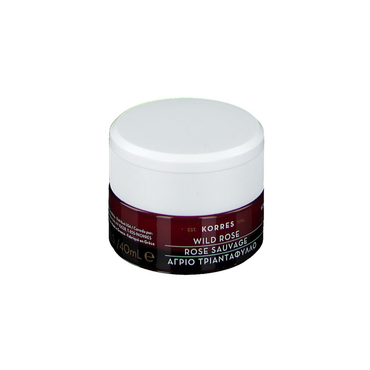 Korres Wild Rose Creme-Tiegel, weißer Deckel, dunkelrotes Band. Text: Wild Rose Rose Sauvage, 40ml e.
