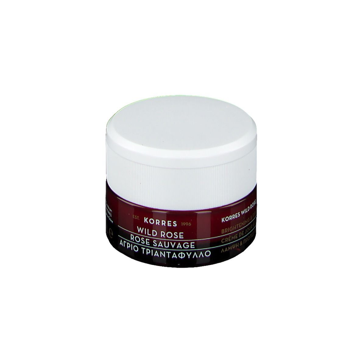 Korres Wild Rose Creme-Tiegel, weißer Deckel, dunkelrotes Band. Text: Wild Rose Rose Sauvage, Brightening & First Wrinkles.