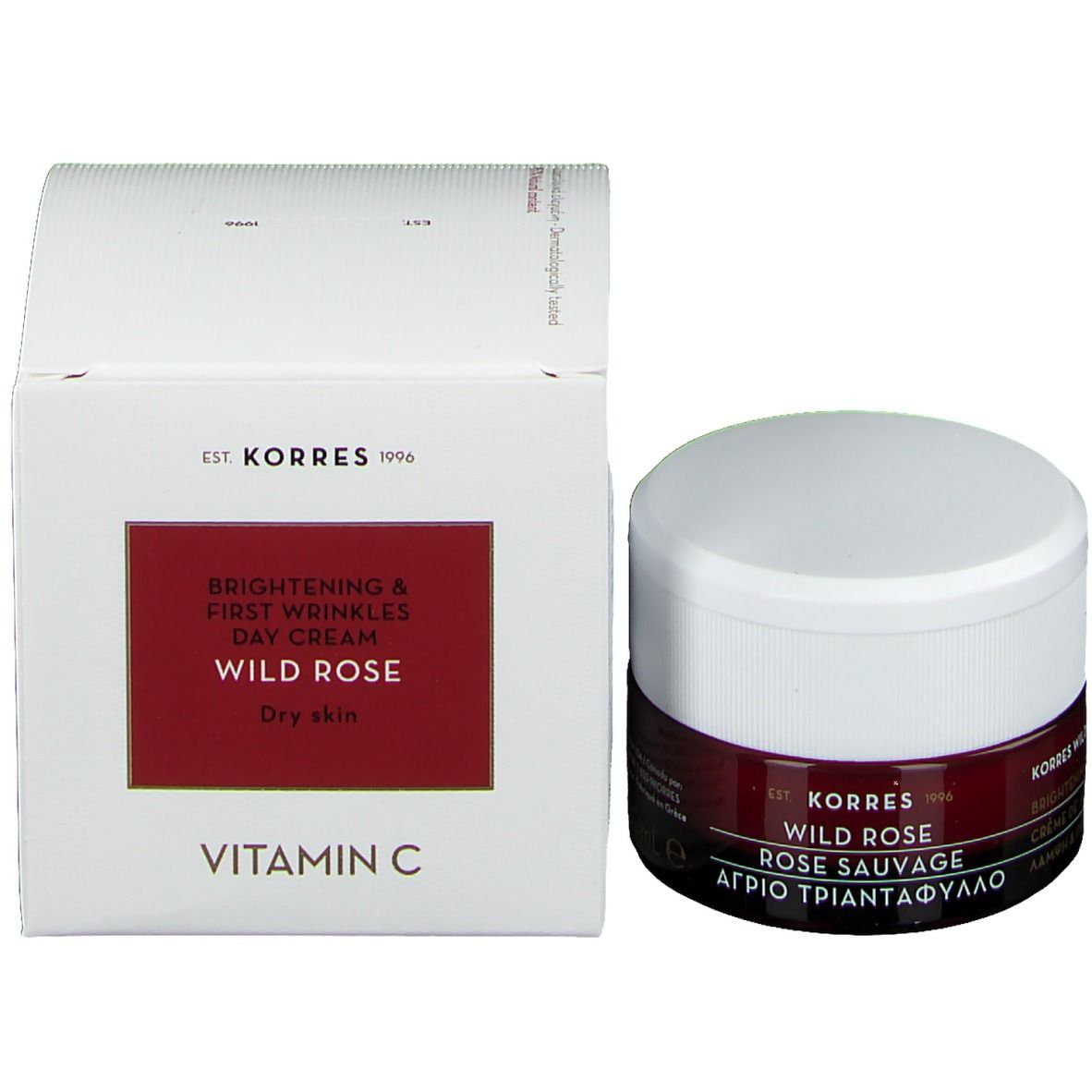 Korres Wild Rose Creme-Tiegel und Karton. Karton: Brightening & First Wrinkles Day Cream, Wild Rose, Dry skin, Vitamin C.