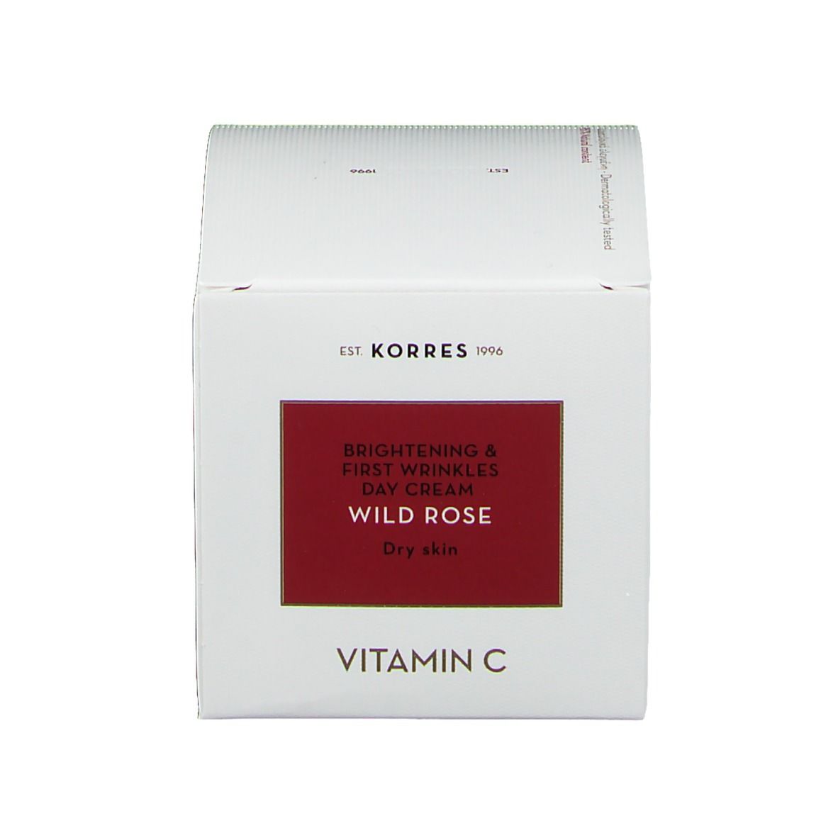 Karton für Korres Wild Rose Creme. Text: Brightening & First Wrinkles Day Cream, Wild Rose, Dry skin, Vitamin C.