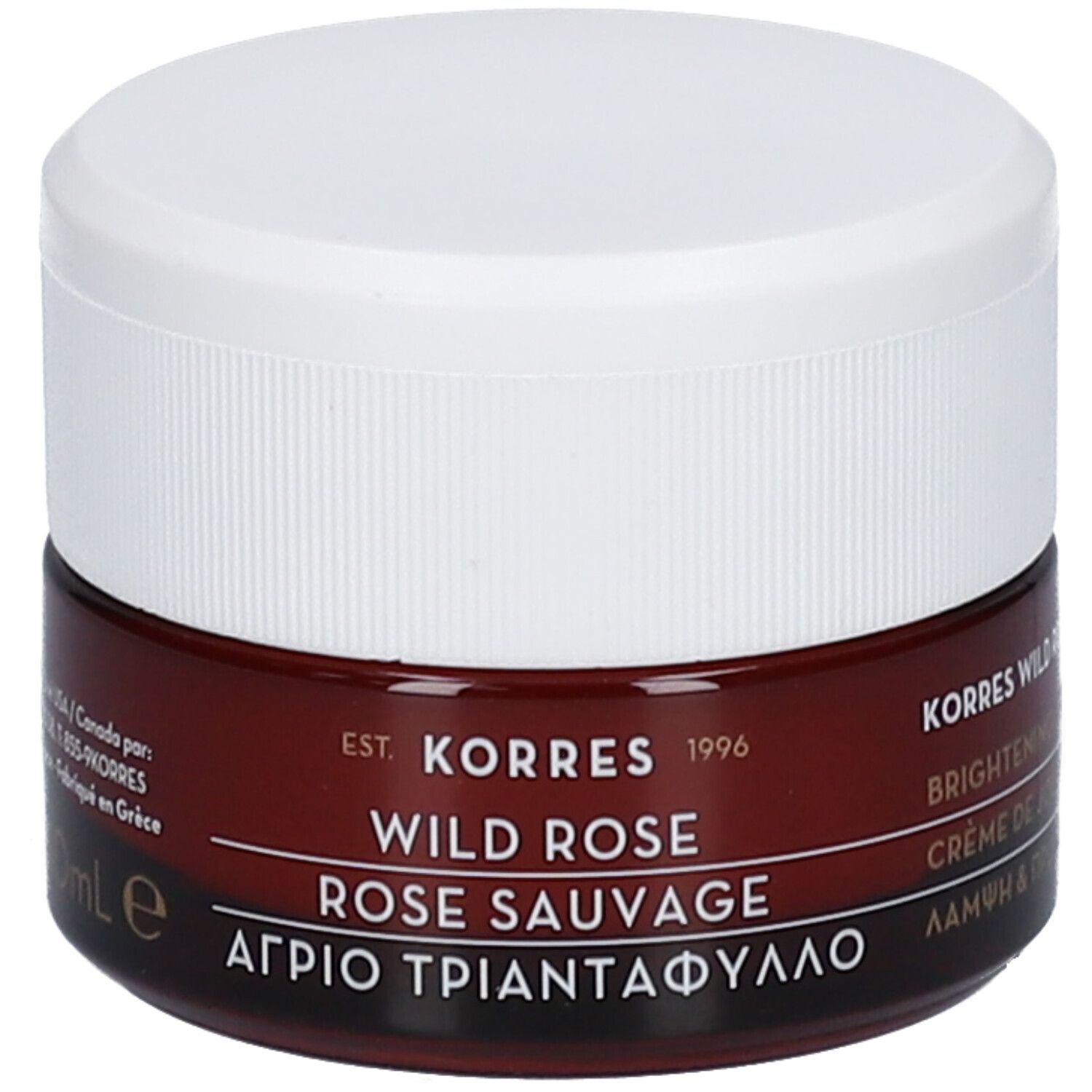Braune Creme-Dose mit weißem Deckel. Aufschrift: KORRES, WILD ROSE, ROSE SAUVAGE. Griechischer Text.