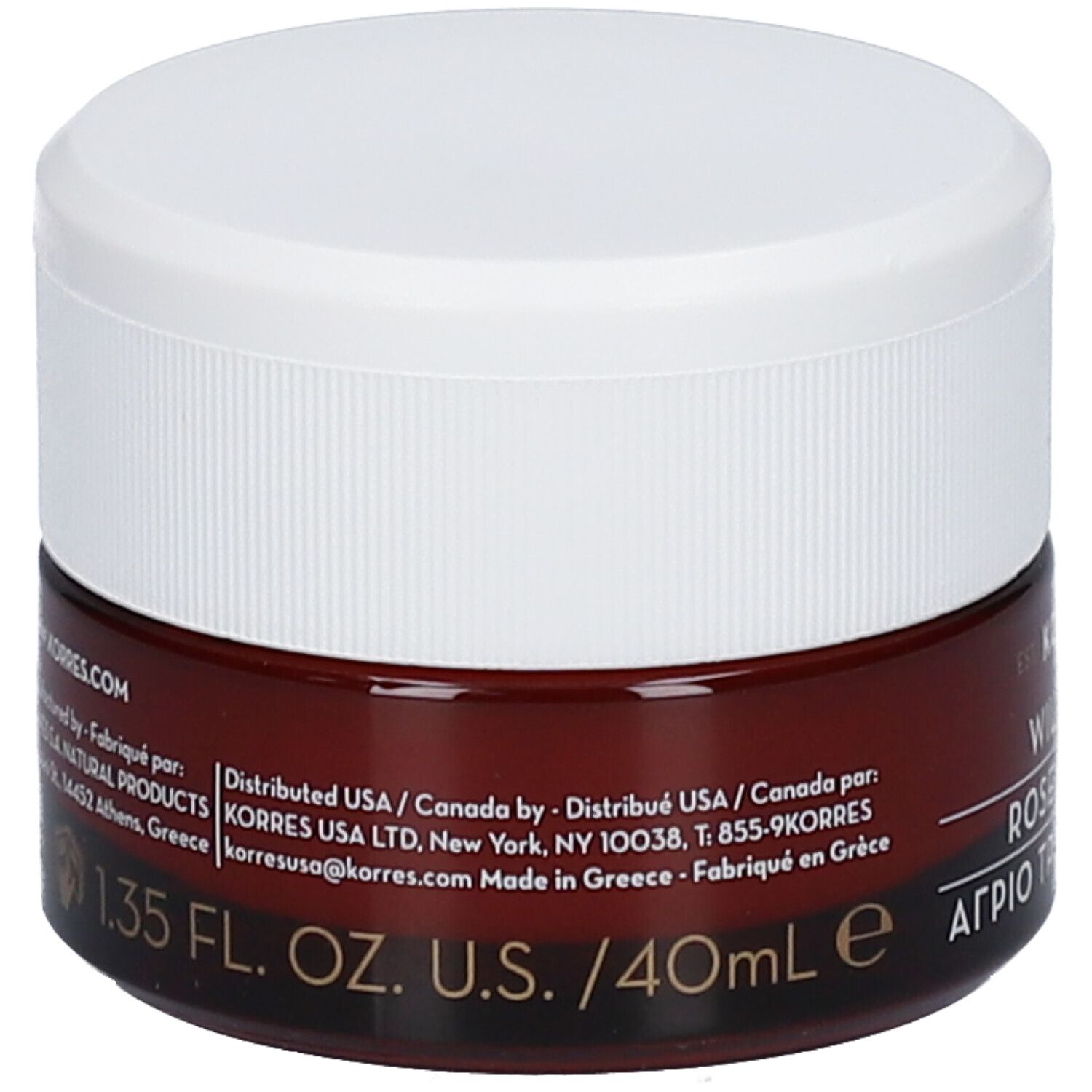 Braune Creme-Dose mit weißem Deckel. Aufschrift: 1.35 FL. OZ. U.S. / 40ml e. Herstellerinformationen.