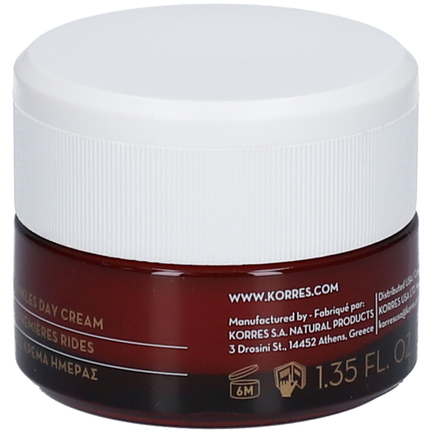 Braune Creme-Dose mit weißem Deckel. Aufschrift: KORRES DAY CREAM, 1.35 FL. OZ. Herstellerinformationen.