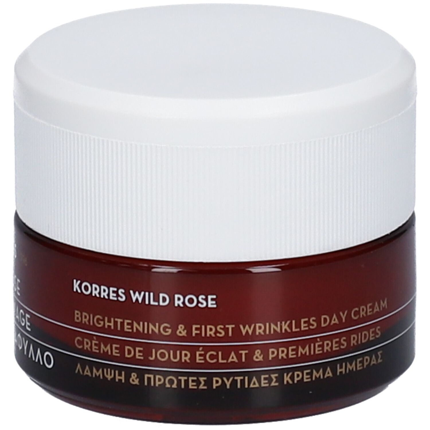 Braune Creme-Dose mit weißem Deckel. Aufschrift: KORRES WILD ROSE, BRIGHTENING & FIRST WRINKLES DAY CREAM.