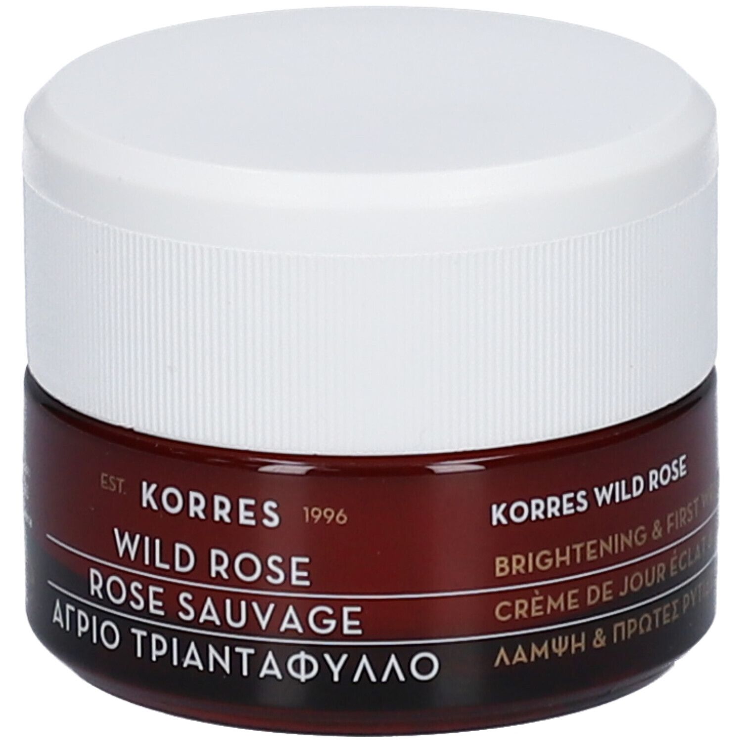 Braune Creme-Dose mit weißem Deckel. Aufschrift: KORRES WILD ROSE, ROSE SAUVAGE, griechischer Text.