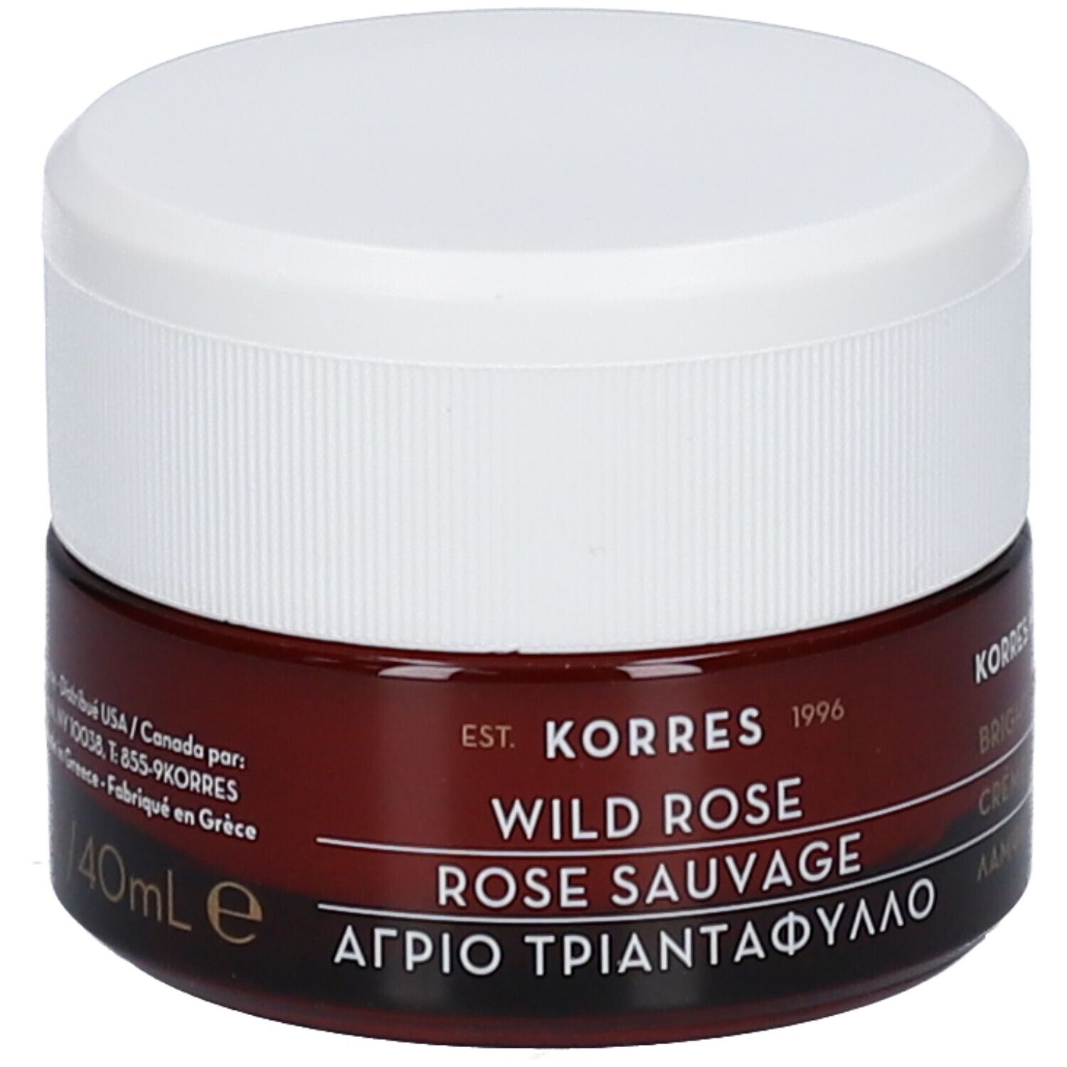 Braune Creme-Dose mit weißem Deckel. Aufschrift: 40ml e. KORRES WILD ROSE, ROSE SAUVAGE, griechischer Text.
