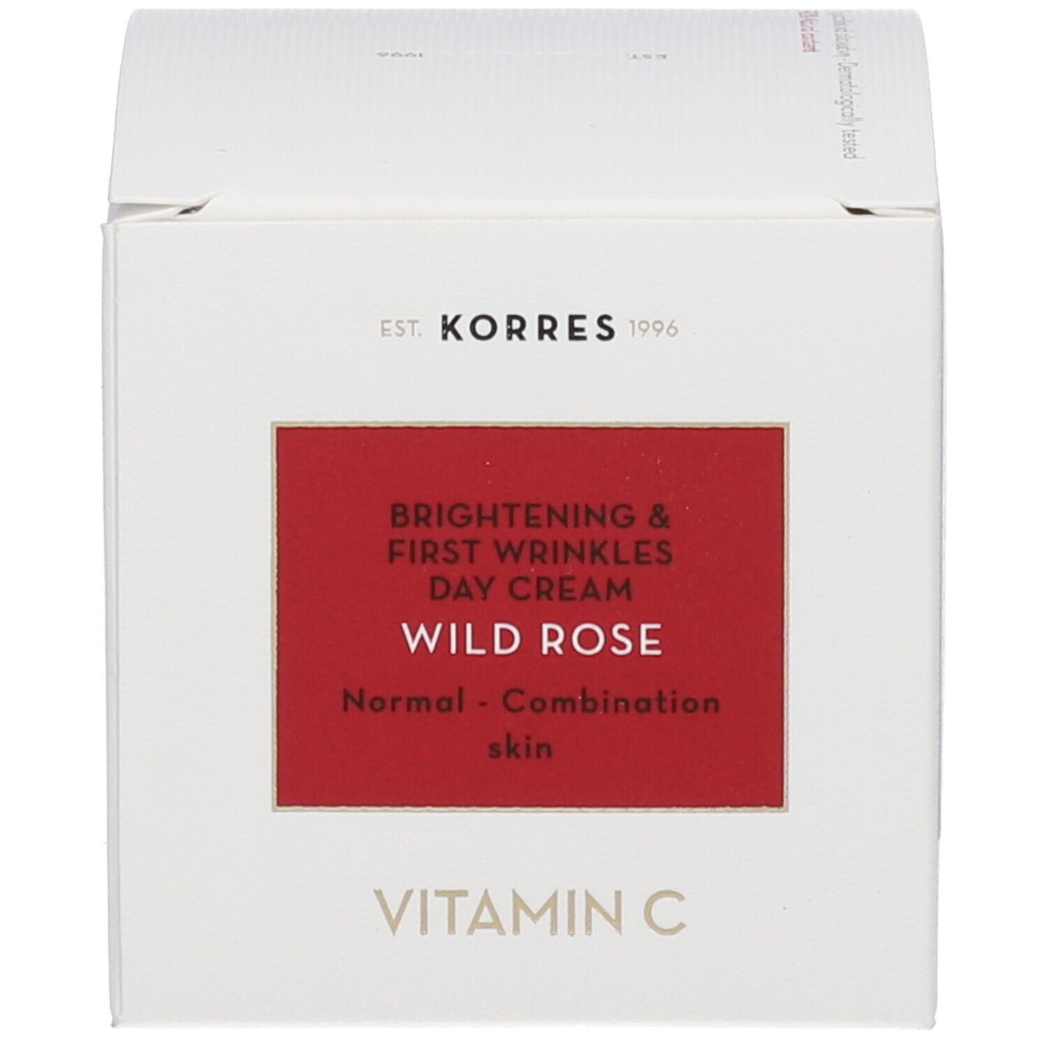 Weiße Verpackung mit rotem Feld. Aufschrift: BRIGHTENING & FIRST WRINKLES DAY CREAM, WILD ROSE, Normal - Combination skin.
