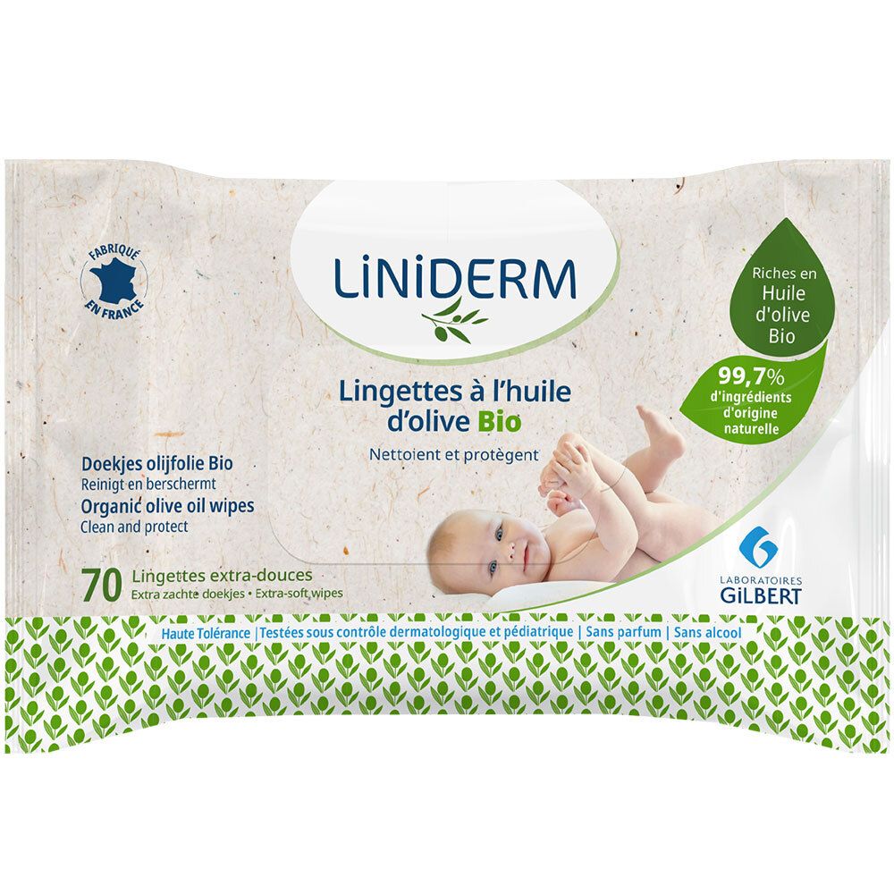 Paquet de lingettes à l'huile d'olive Bio. 70 lingettes extra-douces. Marque : Liniderm, Laboratoires Gilbert. Illustration bébé.
