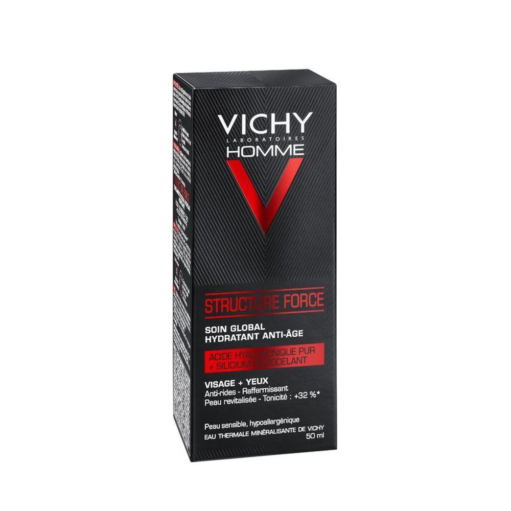 Boîte noire VICHY Homme. Contient Structure Force, soin global hydratant anti-âge. Ingrédients: acide hyaluronique pur + silicium remodelant.