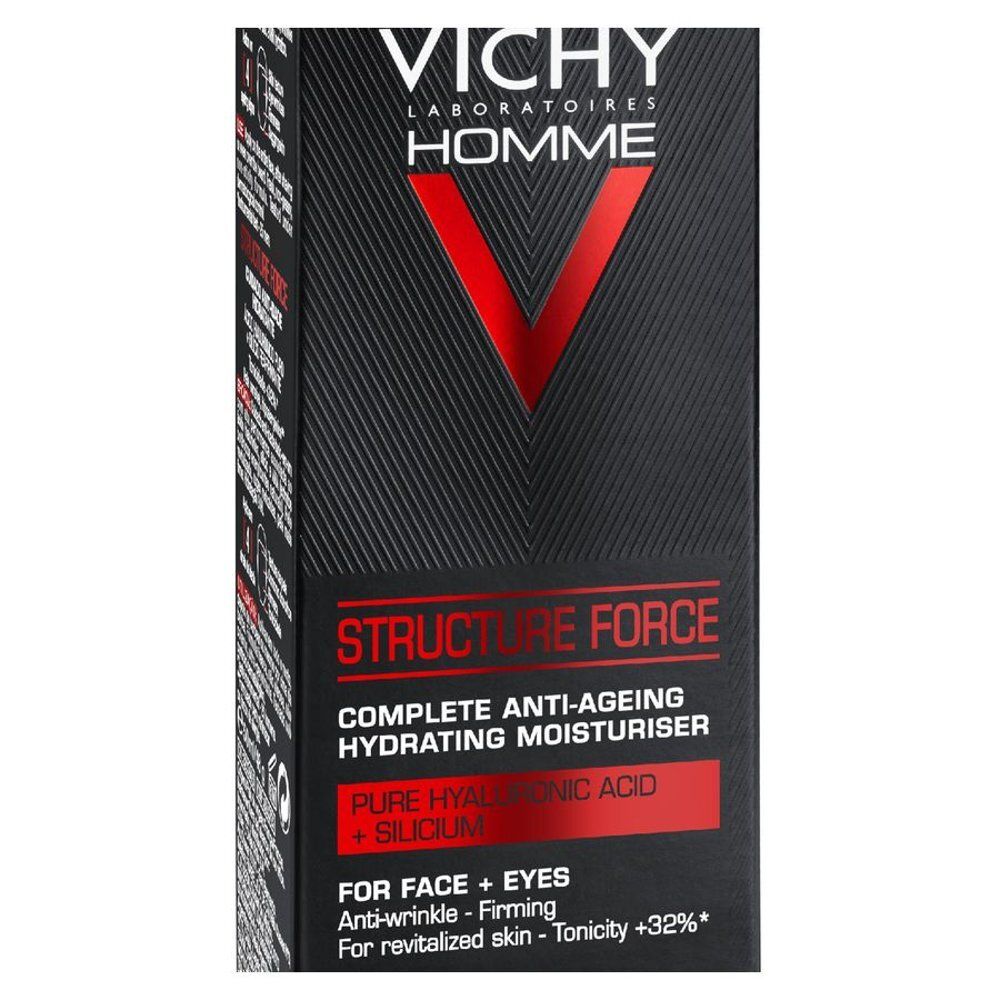 Boîte noire VICHY Homme. Contient Structure Force, soin hydratant anti-âge. Ingrédients: acide hyaluronique pur + silicium.