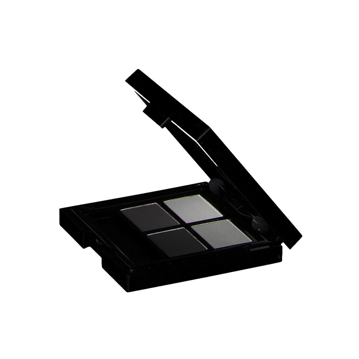 Palette de fards à paupières noire avec quatre teintes: gris clair, gris et noir. Couvercle ouvert.