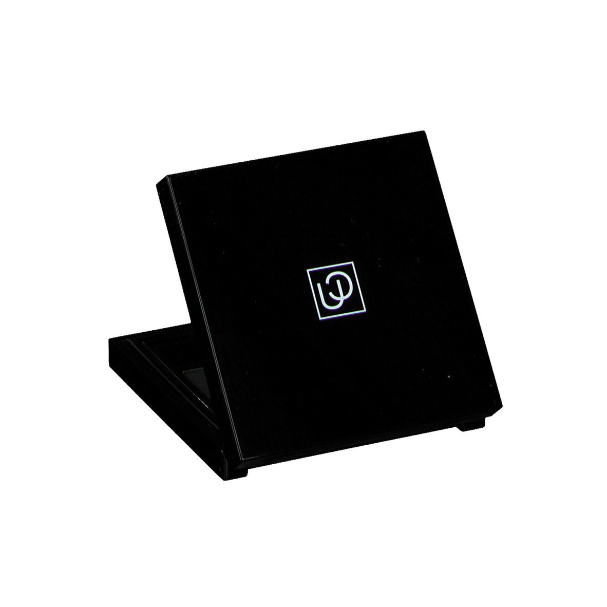 Palette de fards à paupières noire fermée. Logo sur le couvercle.