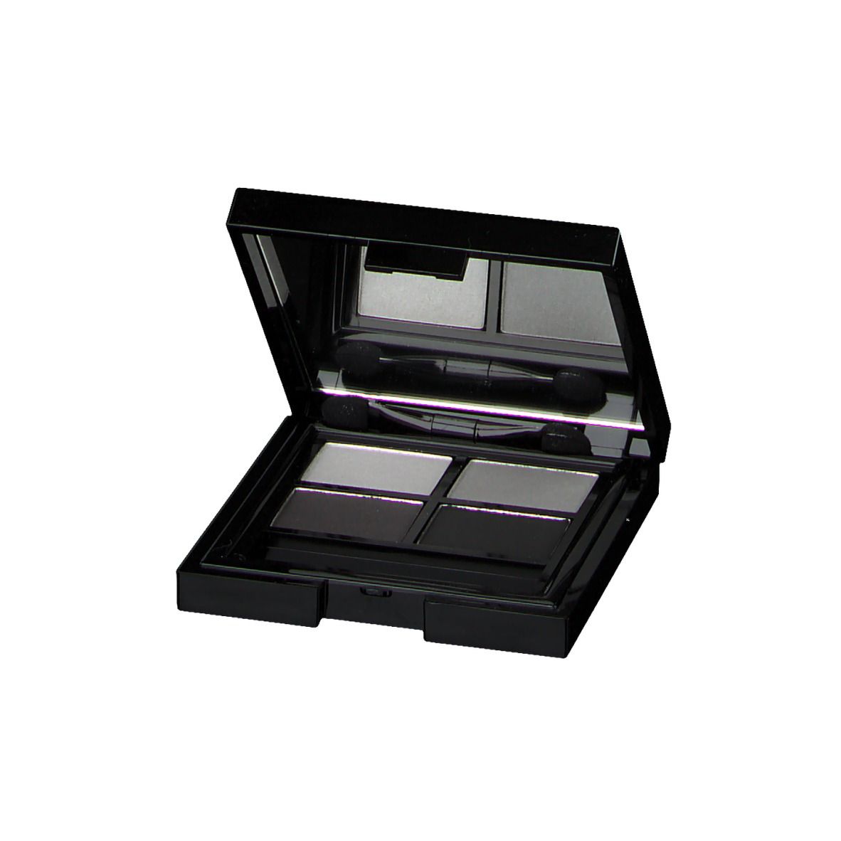 Palette de fards à paupières noire avec quatre teintes: gris clair, gris et noir. Avec miroir et applicateur.