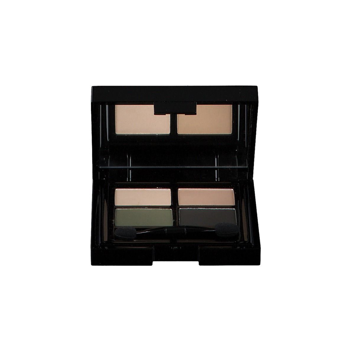 Palette de fards à paupières noire. Quatre couleurs, deux applicateurs. Miroir dans le couvercle. Tons kaki et clairs.