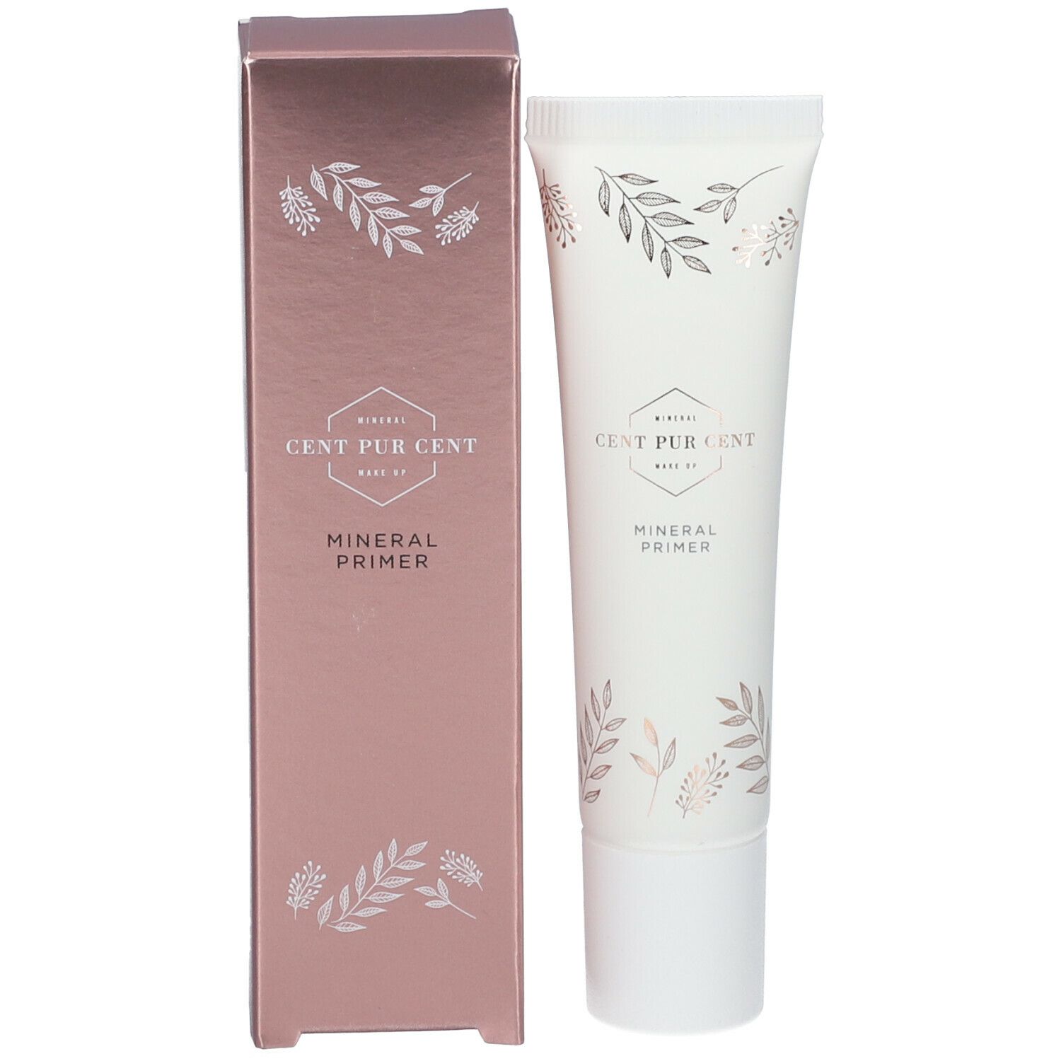 Produktverpackung mit Tube. Tube und Schachtel mit floralem Muster und Schriftzug. Produktname: Mineral Primer. Farbton: Rosa.