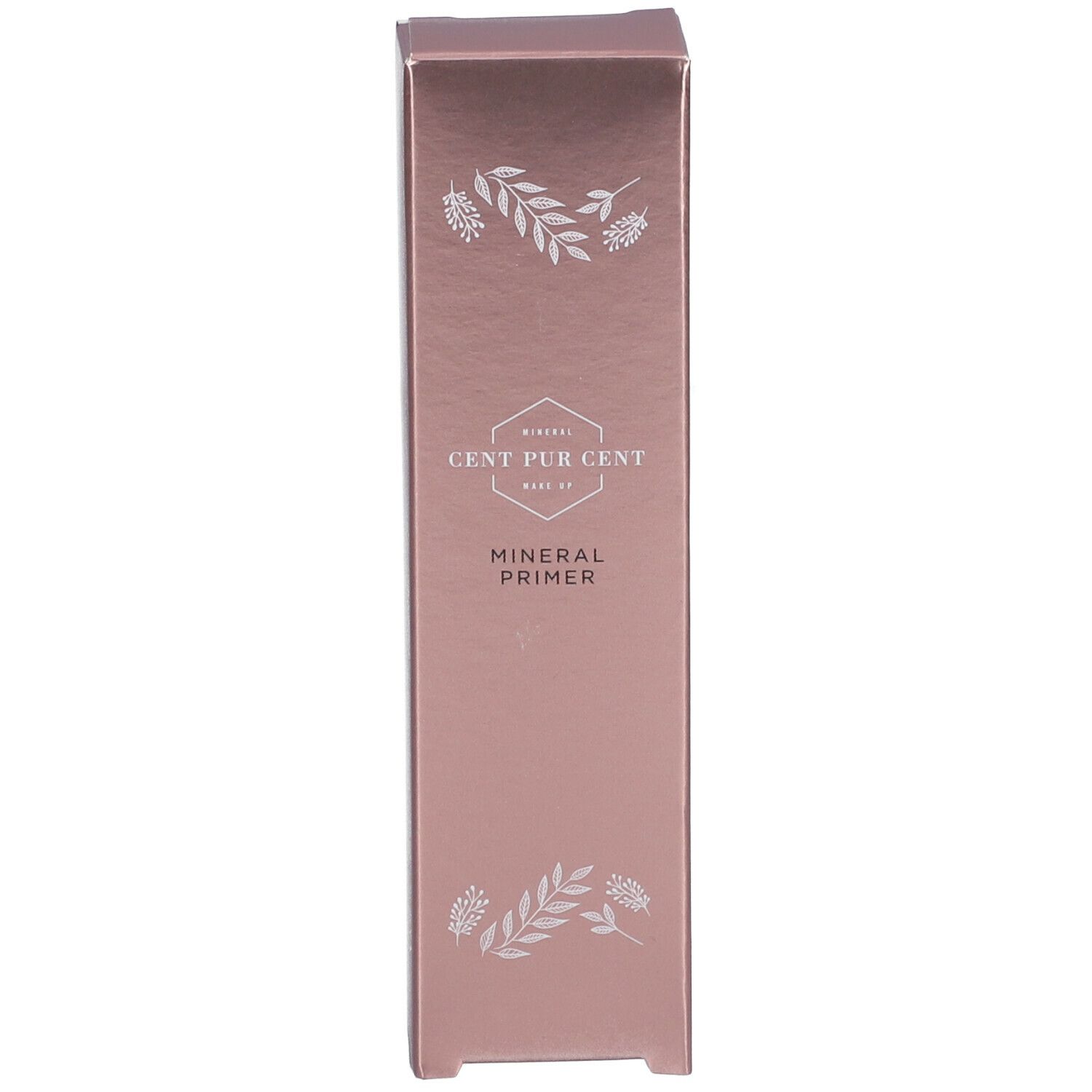 Schachtel mit floralem Muster und Schriftzug. Produktname: Mineral Primer. Farbton: Rosa.
