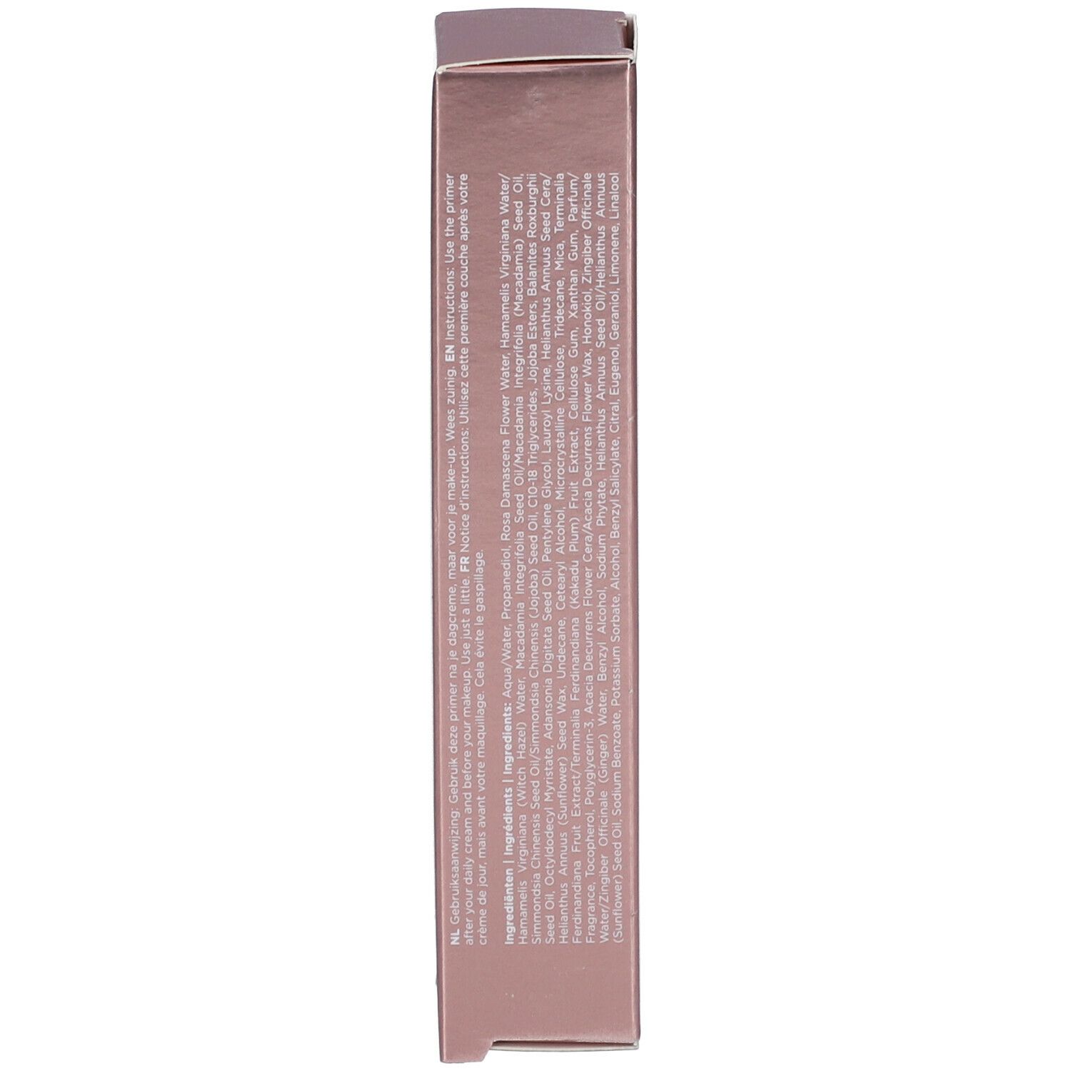 Schachtel, Text: Inhaltsstoffe, Anwendungshinweise in mehreren Sprachen. Farbton: Rosa.