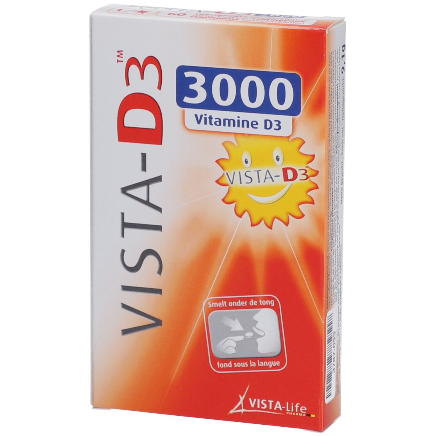 Schachtel VISTA-D3 3000. Aufdruck: 3000, Vitamine D3, VISTA-D3 Logo, Text: Smelt onder de tong, fond sous la langue.