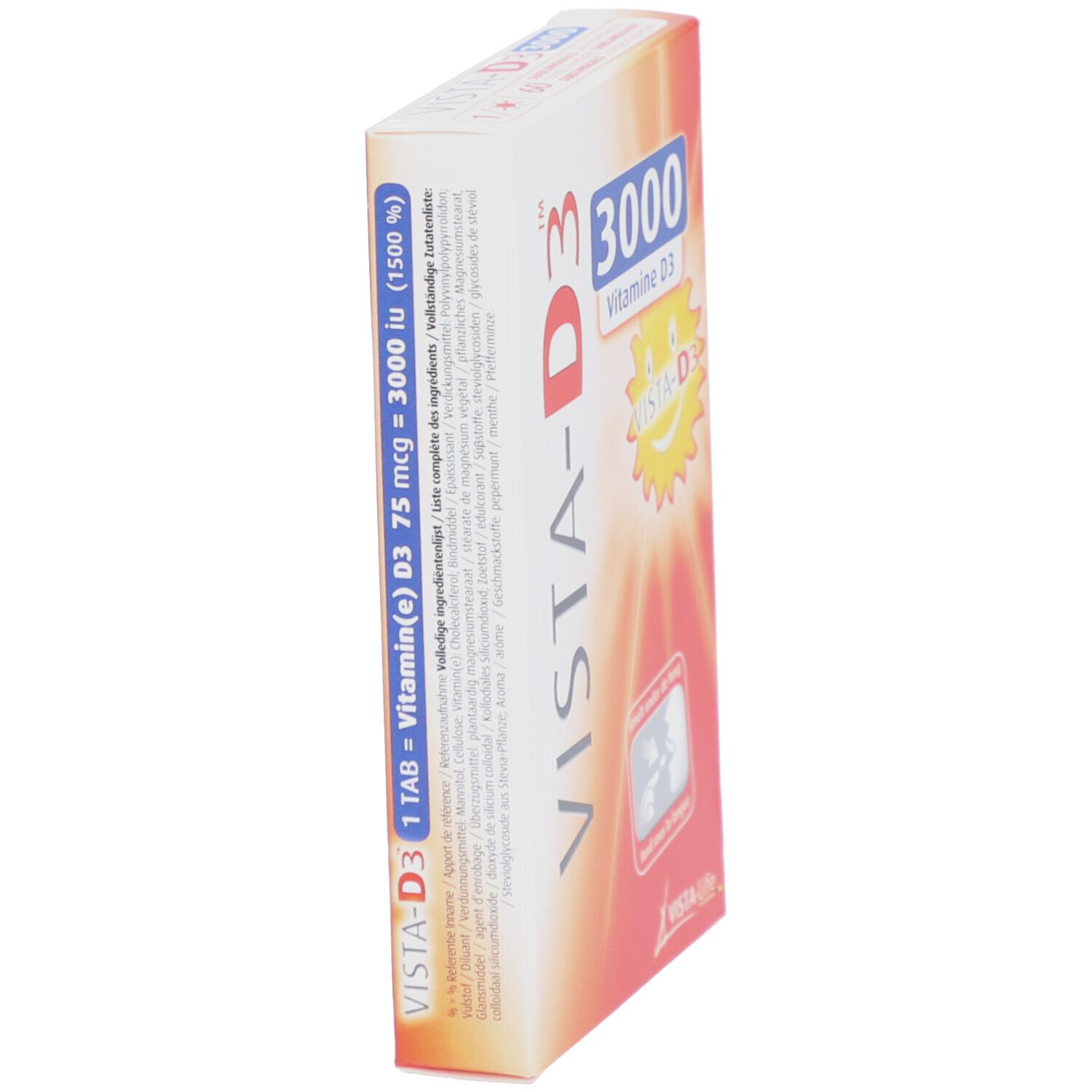 Schachtel VISTA-D3 3000, Seitenansicht. Aufdruck: VISTA-D3 3000, Vitamine D3, Text und Inhaltsangaben.