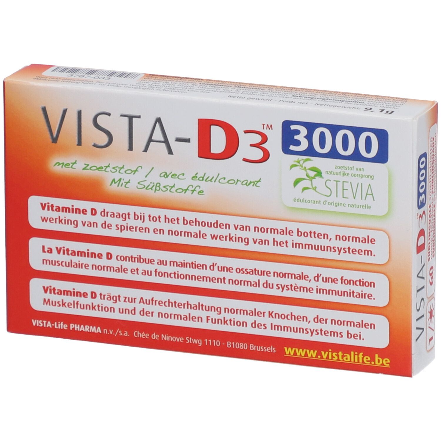 Schachtel VISTA-D3 3000. Aufdruck: VISTA-D3 3000, mit Süßstoffe, Stevia-Logo, Text über Vitamin D.