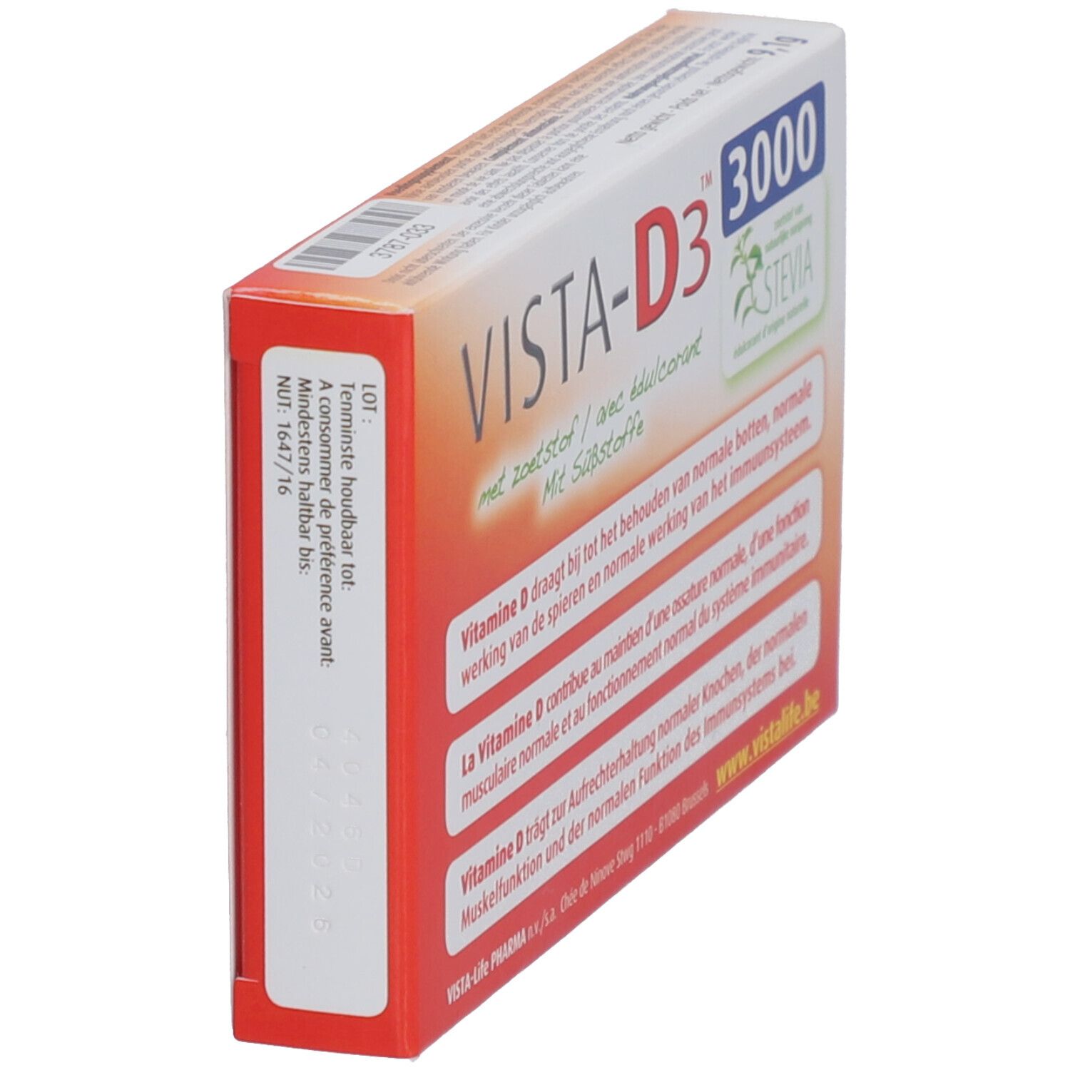 Schachtel VISTA-D3 3000, Seitenansicht. Aufdruck: VISTA-D3 3000, mit Süßstoffe, Stevia-Logo, Mindesthaltbarkeitsdatum.