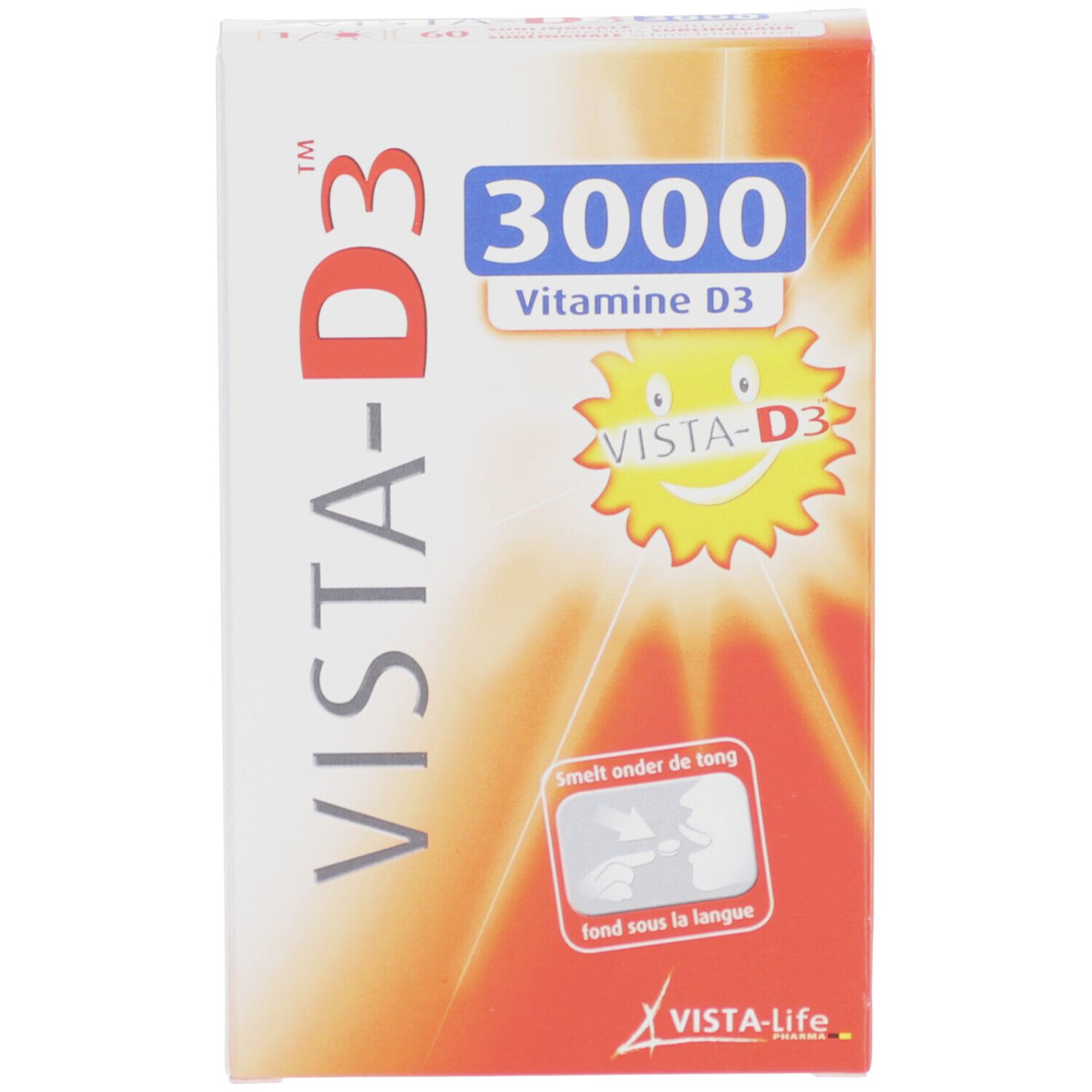 Schachtel VISTA-D3 3000. Aufdruck: 3000, Vitamine D3, VISTA-D3 Logo, Text: Smelt onder de tong, fond sous la langue.