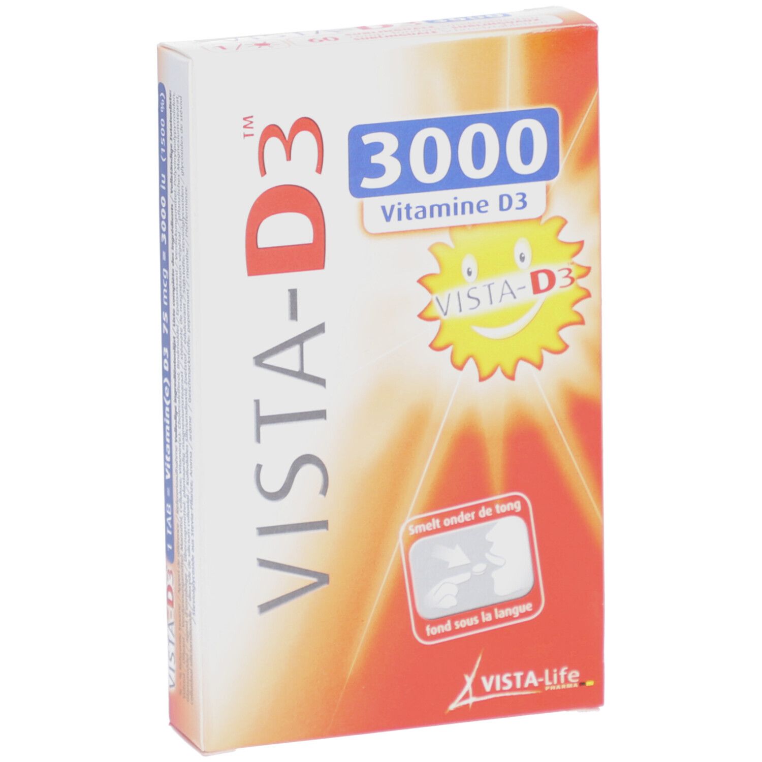 Schachtel VISTA-D3 3000. Aufdruck: 3000, Vitamine D3, VISTA-D3 Logo, Text: Smelt onder de tong, fond sous la langue.
