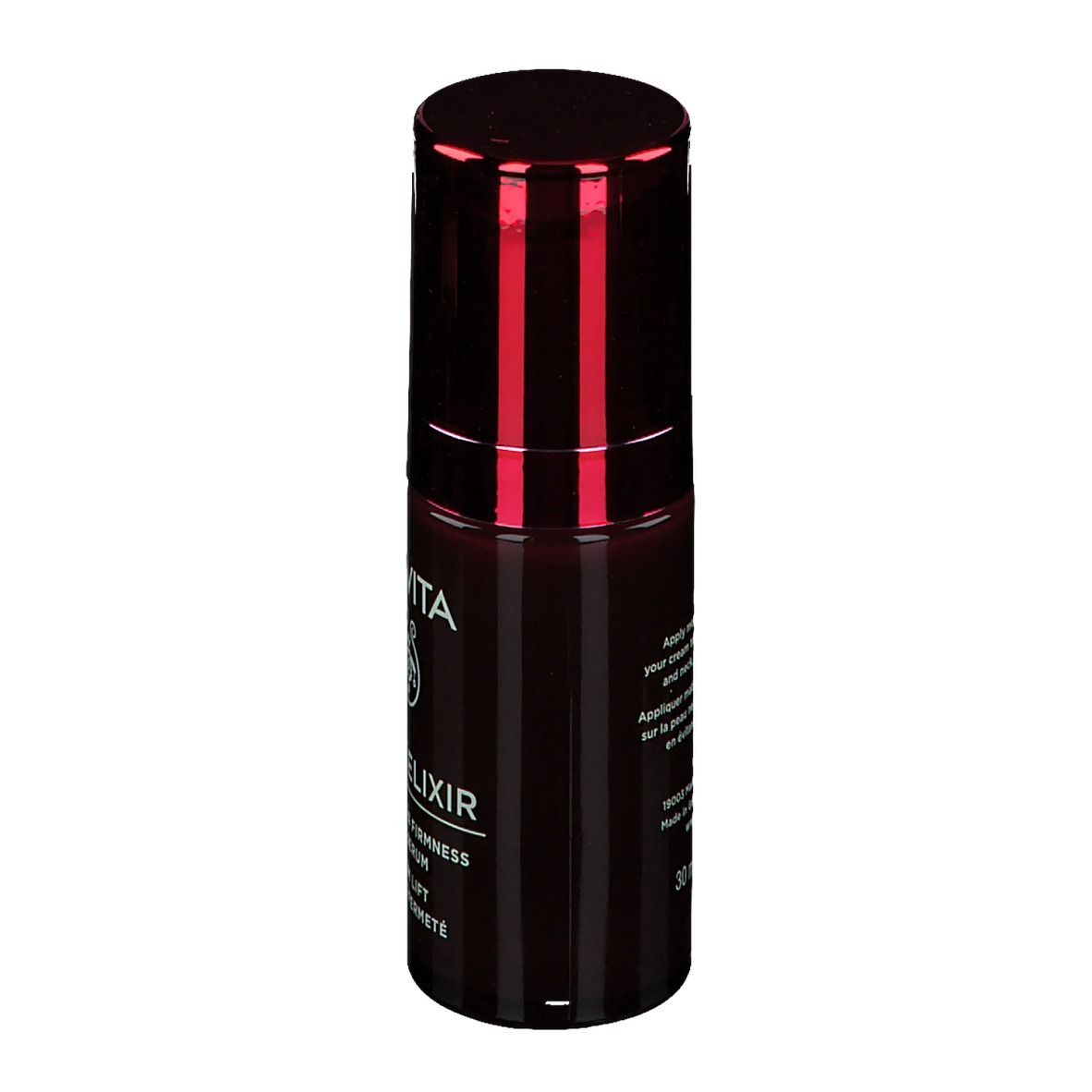 Dunkelrote Flasche mit rotem Deckel. Aufschrift: APIVITA, Wine Elixir, Lift Serum. Text auf der Seite.